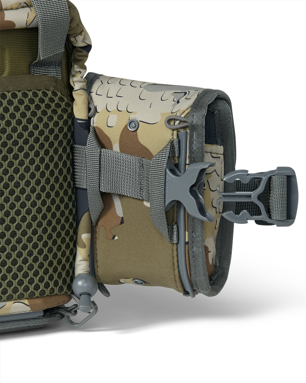Extended quick-detach buckle on KUIU PRO G3 Bino Harness and Rangefinder Holder Valo Camouflage with Rail-Lock connection system
