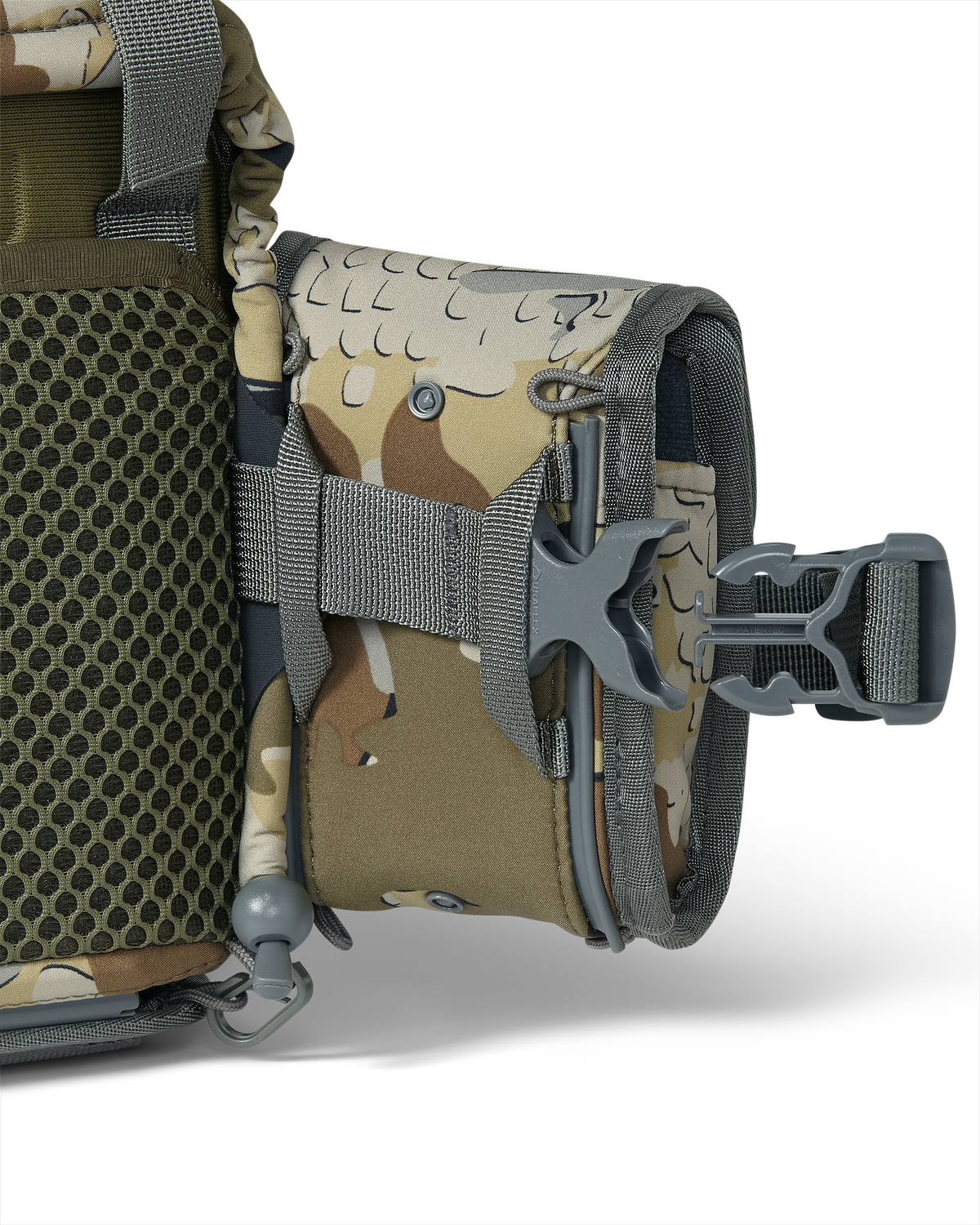 Extended quick-detach buckle on KUIU PRO G3 Bino Harness and Rangefinder Holder Valo Camouflage with Rail-Lock connection system