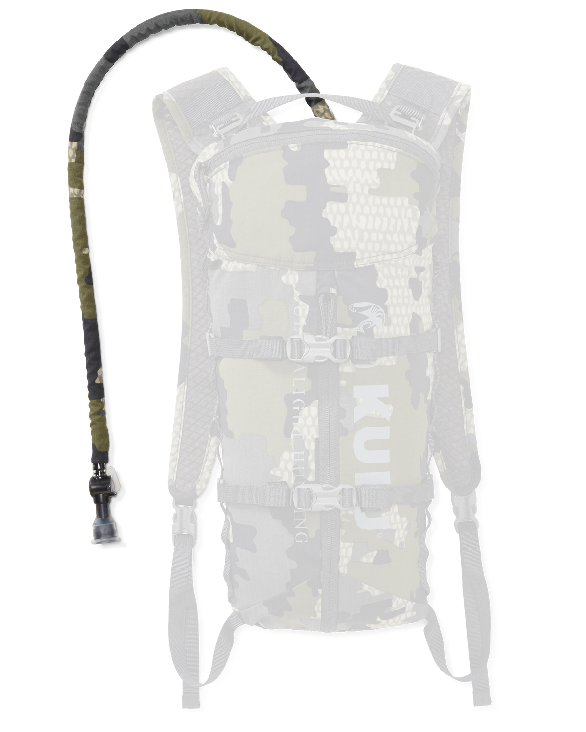Front of Hydration Hose Cover in Verde Camouflage Coming Out of Stalker 500 PRO
