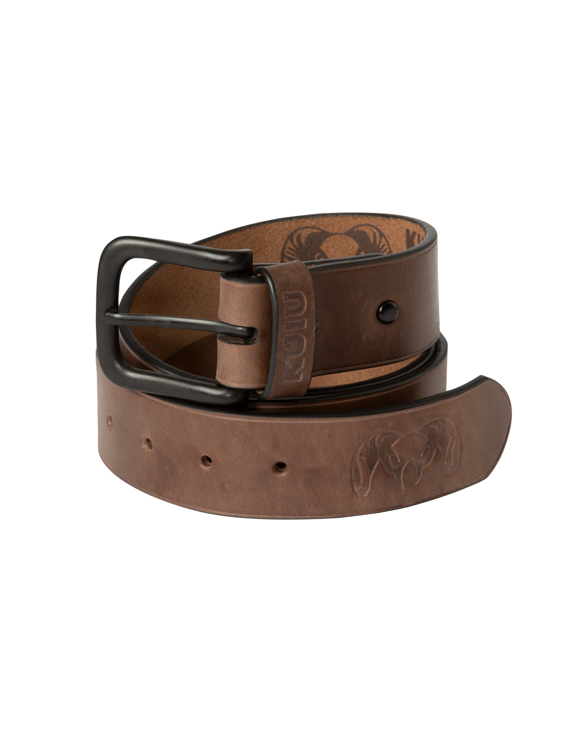 Front of KUIU Leather Belt in Brown Color Pictured Coiled Up