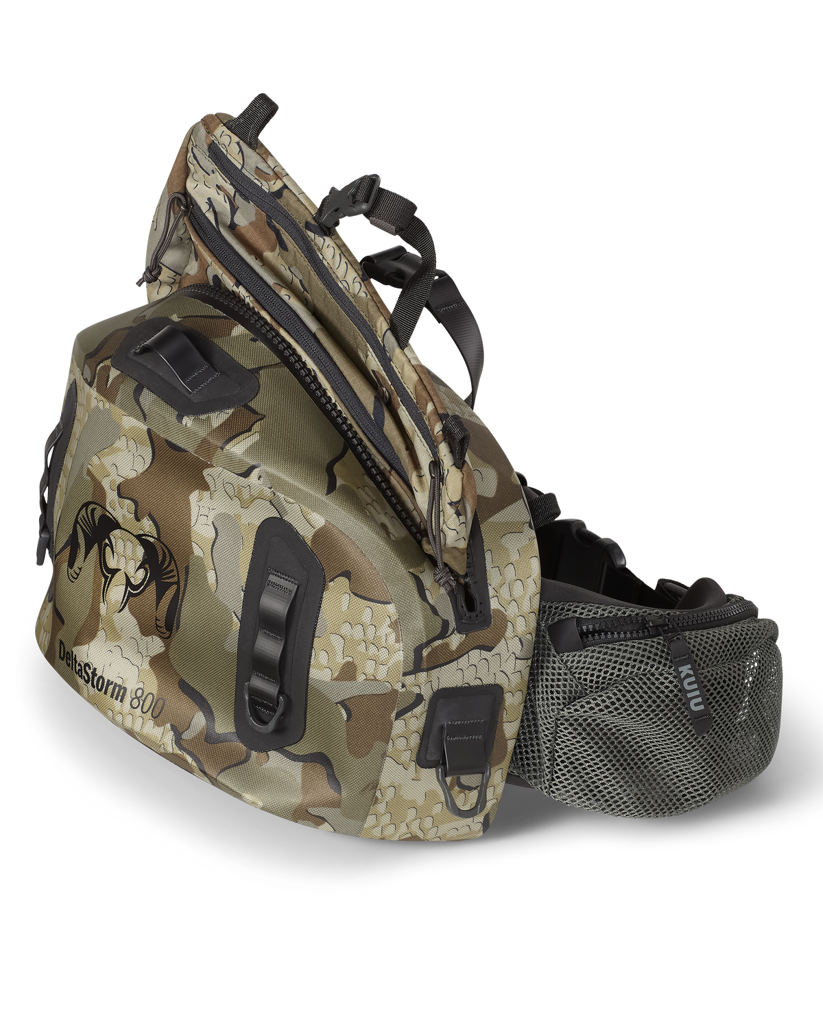 Side view of DeltaStorm 800 Waistpack Valo Camouflage, Highlighting removable internal storage system with hanging handle, providing quick access to shells, calls, or other essentials