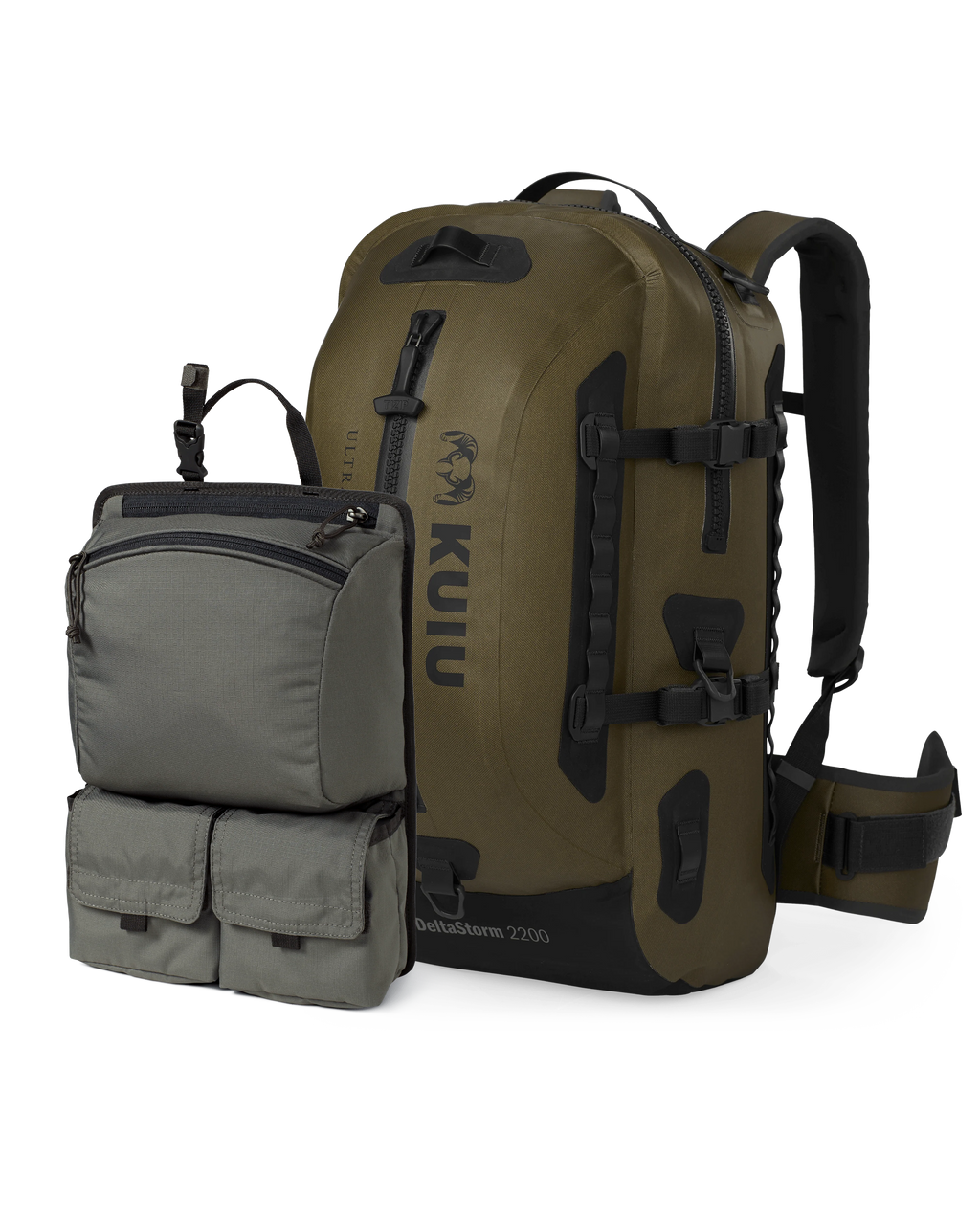 Delta Storm 2000 Submersible Backpack Pack Removable Organizer in Stone Grey Next to Backpack in Coyote Brown