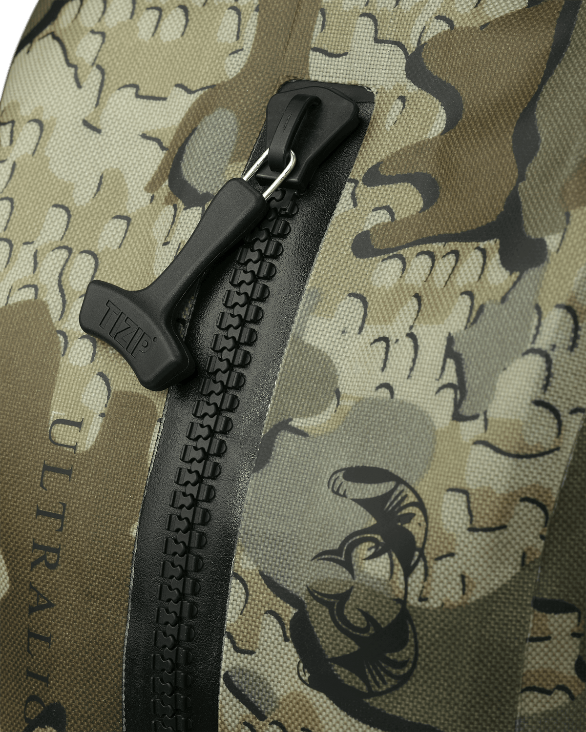 Front of DeltaStorm 2200 Submersible Backpack in Valo Camouflage Highlighting Water and Airtight TIZIP® MasterSeal zippers