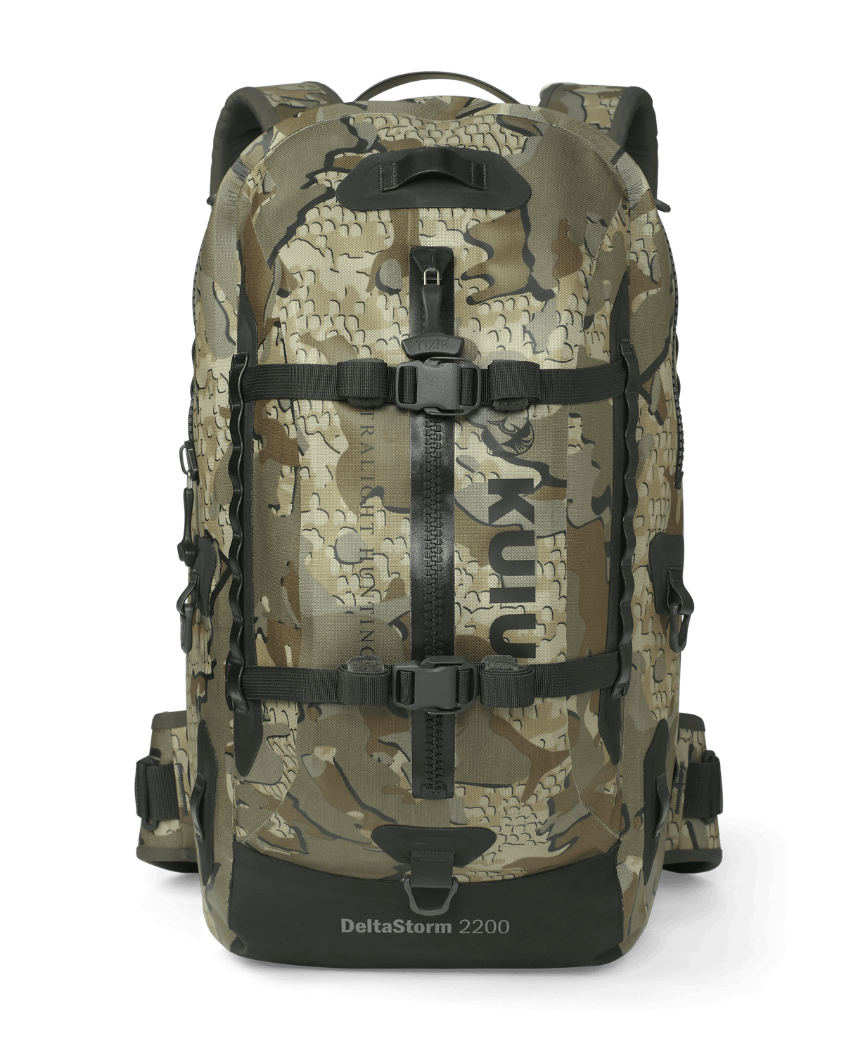 Front of Delta Storm 2200 Submersible Blackpack in Valo Camouflage with front compression straps closed