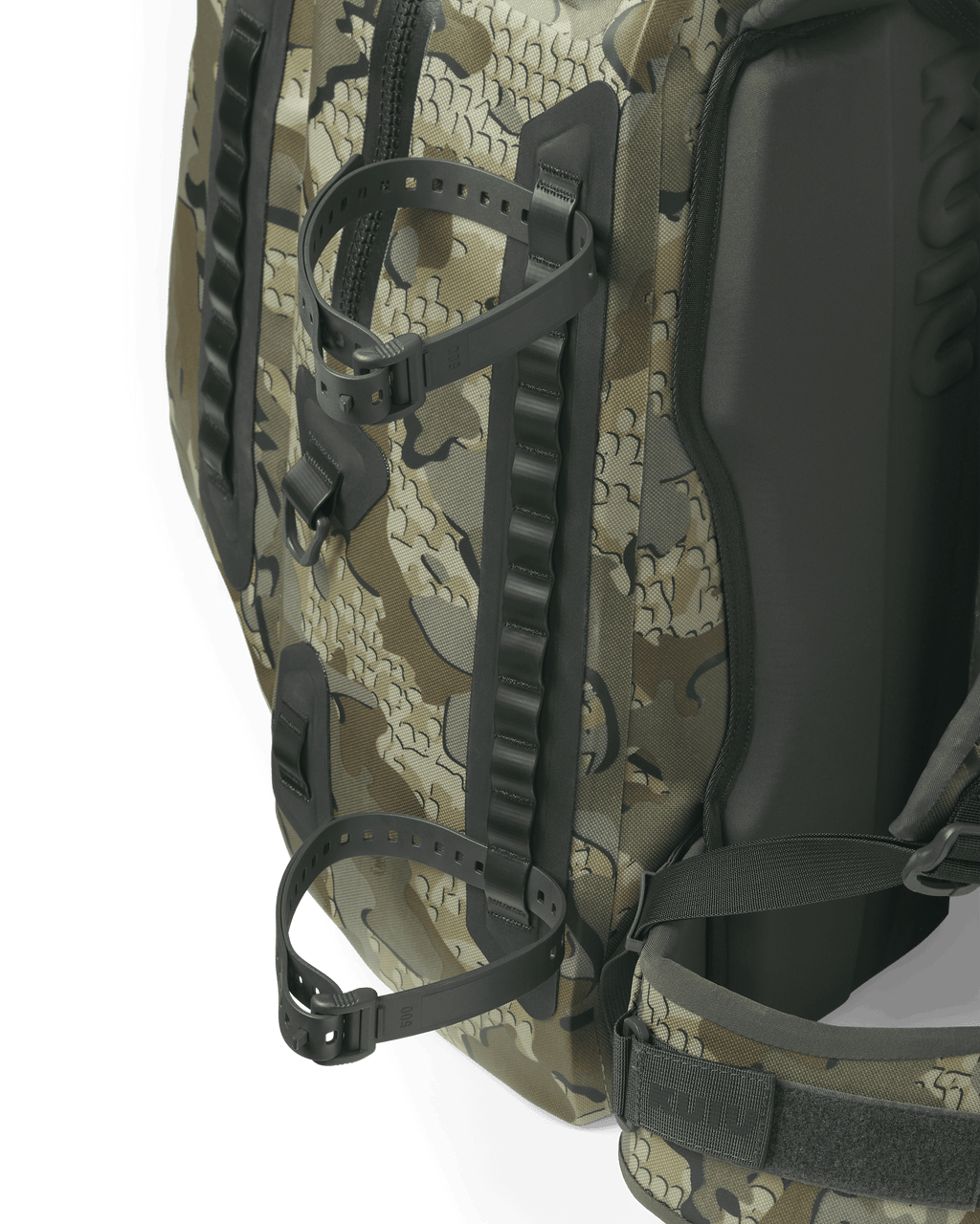 Delta Storm 2000 Submersible Backpack Pack Showcasing ski straps on side of backpack in Valo Camouflage