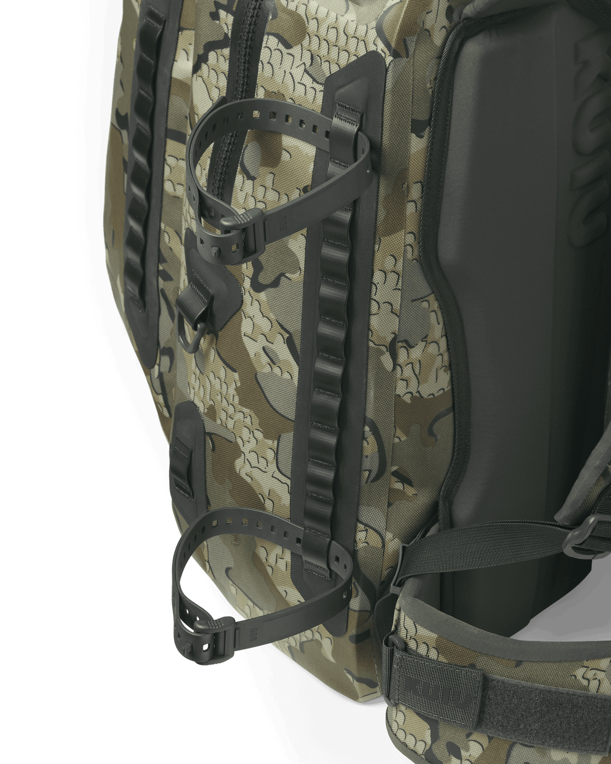 Delta Storm 2000 Submersible Backpack Pack Showcasing ski straps on side of backpack in Valo Camouflage