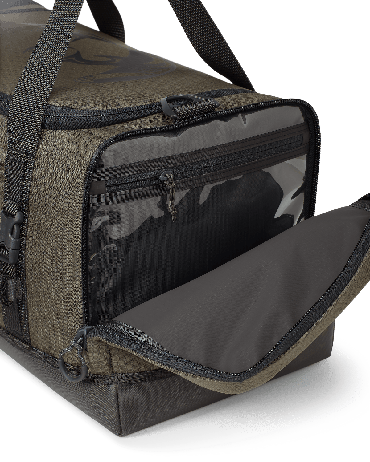 Distance Duffel with right side pocket zipped open showing zippered organization area In Ash