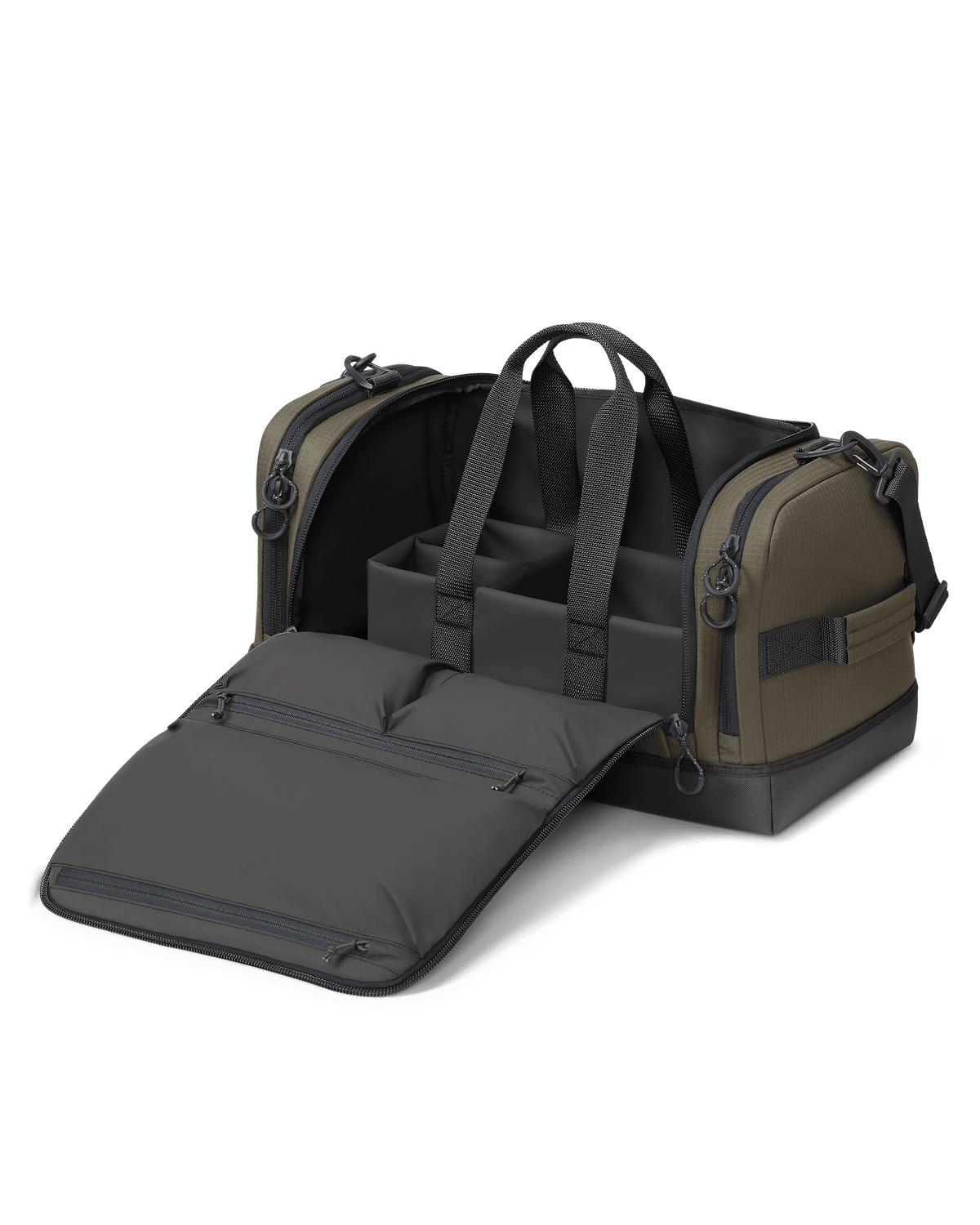 Distance Duffel Fully unzipped showing the removable organizational compartment in Ash