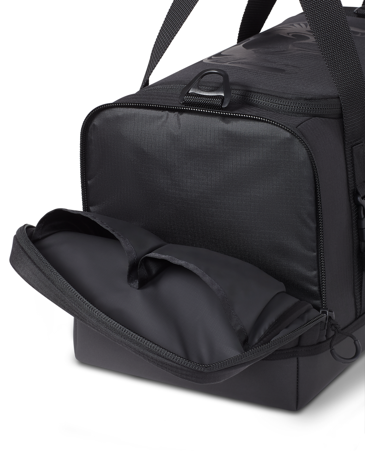 Distance Duffel in Black with left side pocket zipped open showing two additional organization pockets