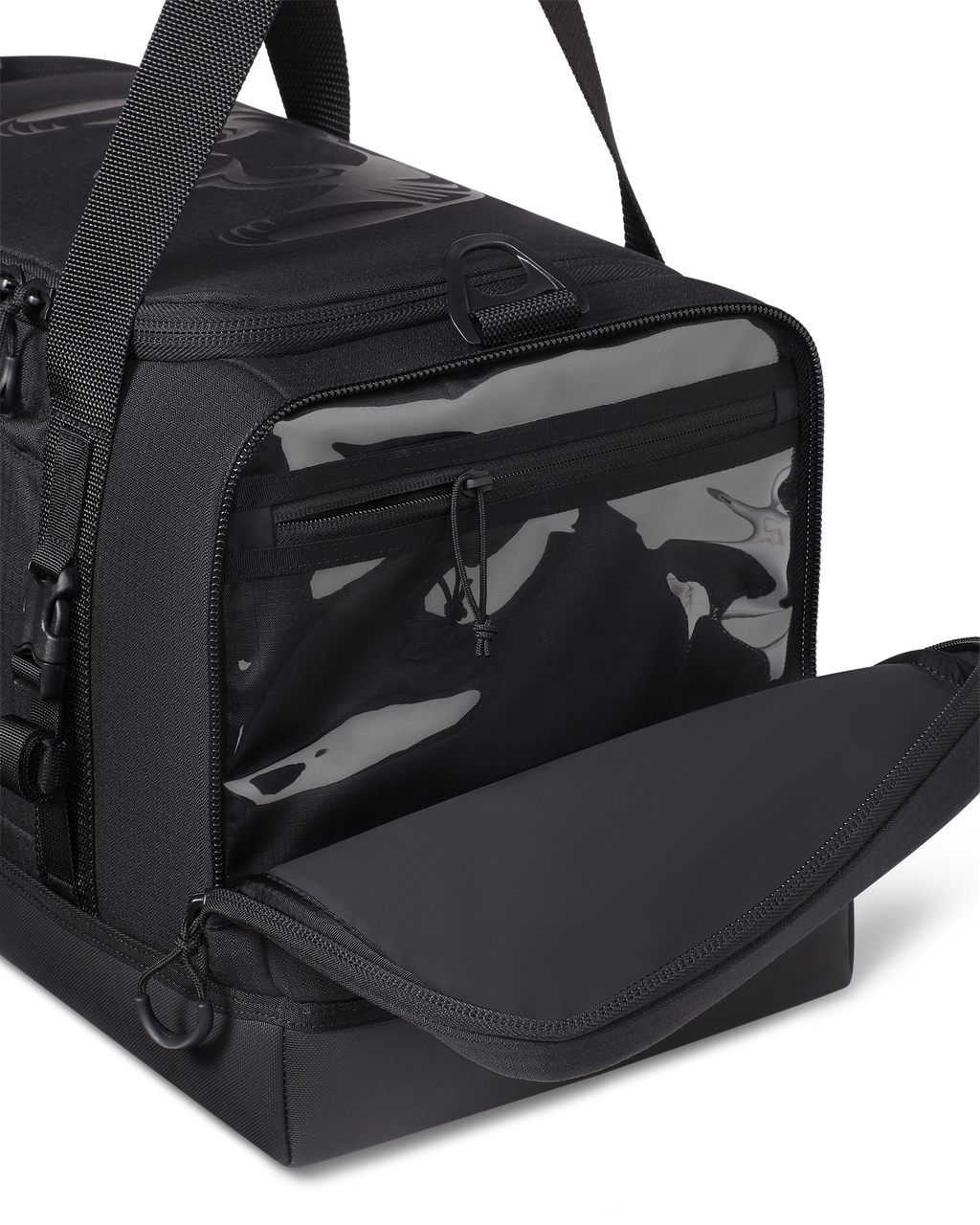 Distance Duffel in Black with right side pocket zipped open, highlighting internal clear plastic zippered pocket