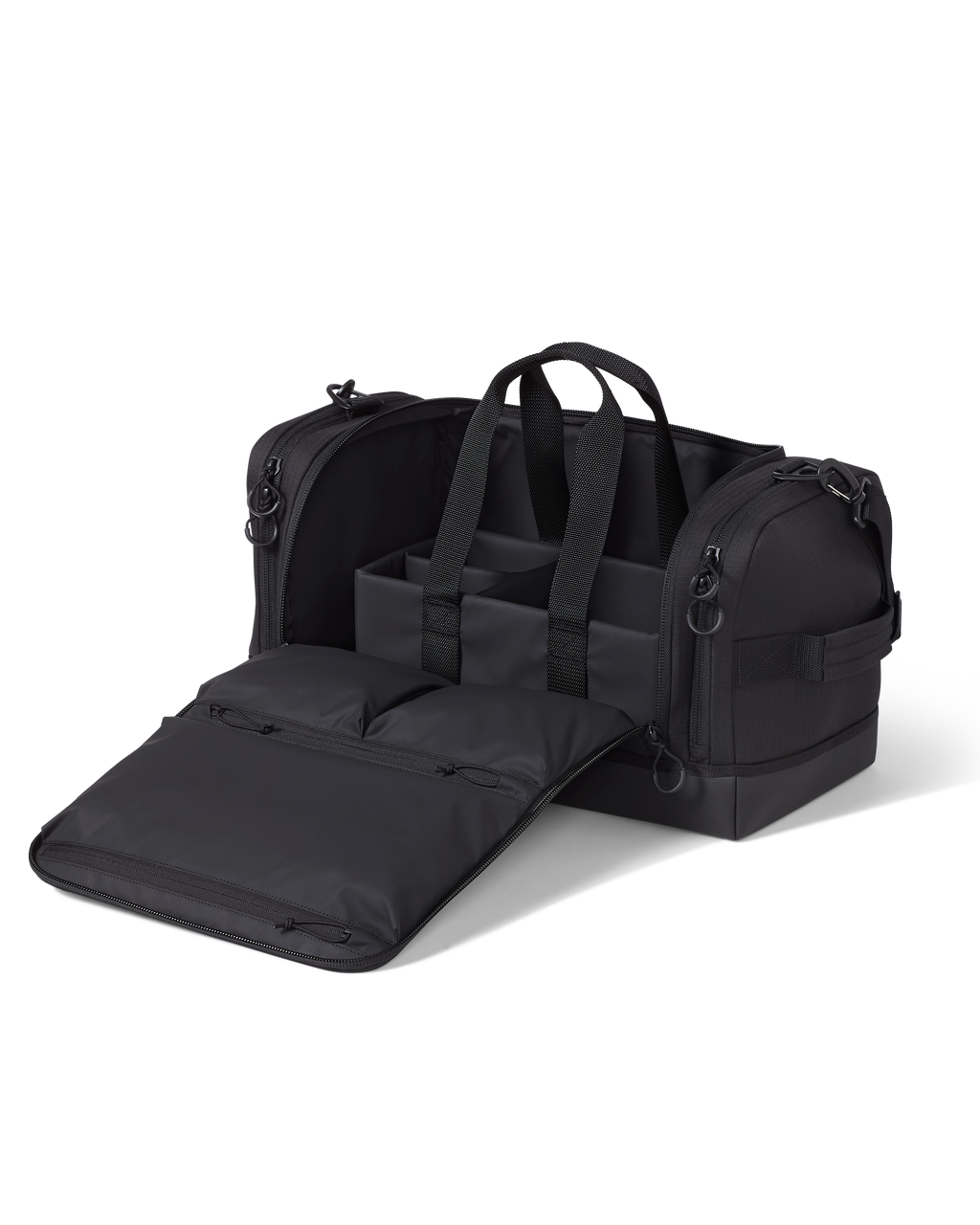 Distance Duffel Fully unzipped showing the removable organizational compartment in Black color