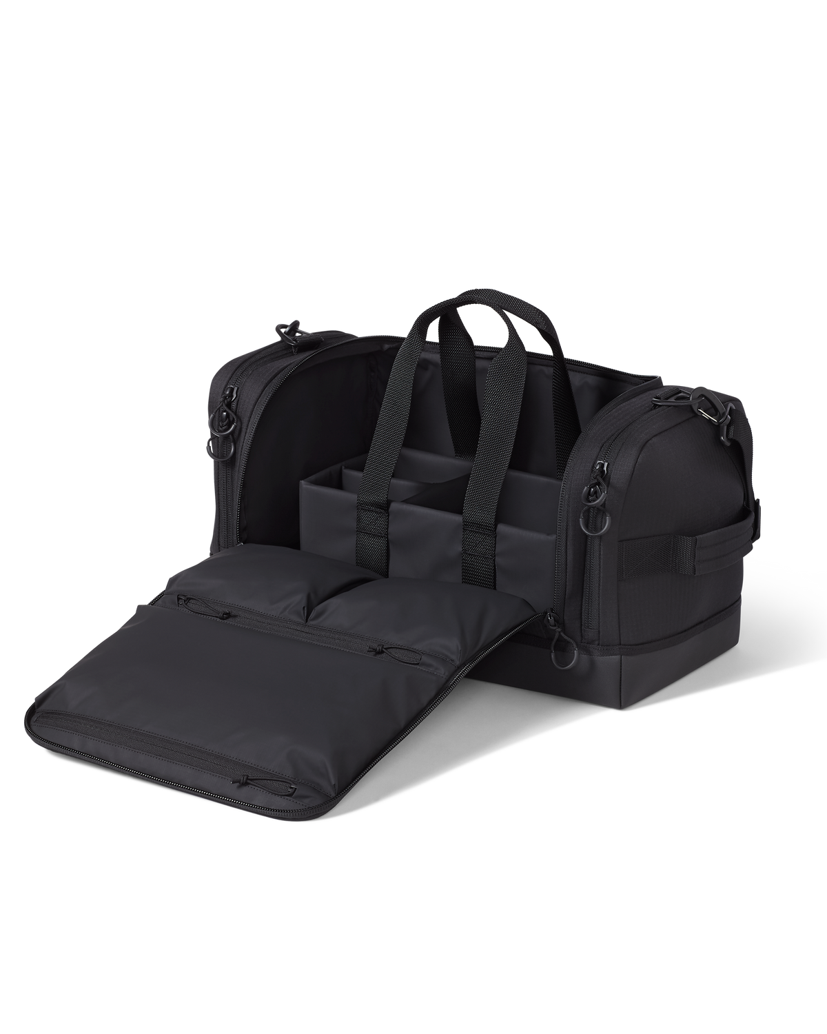 Distance Duffel Fully unzipped showing the removable organizational compartment in Black color