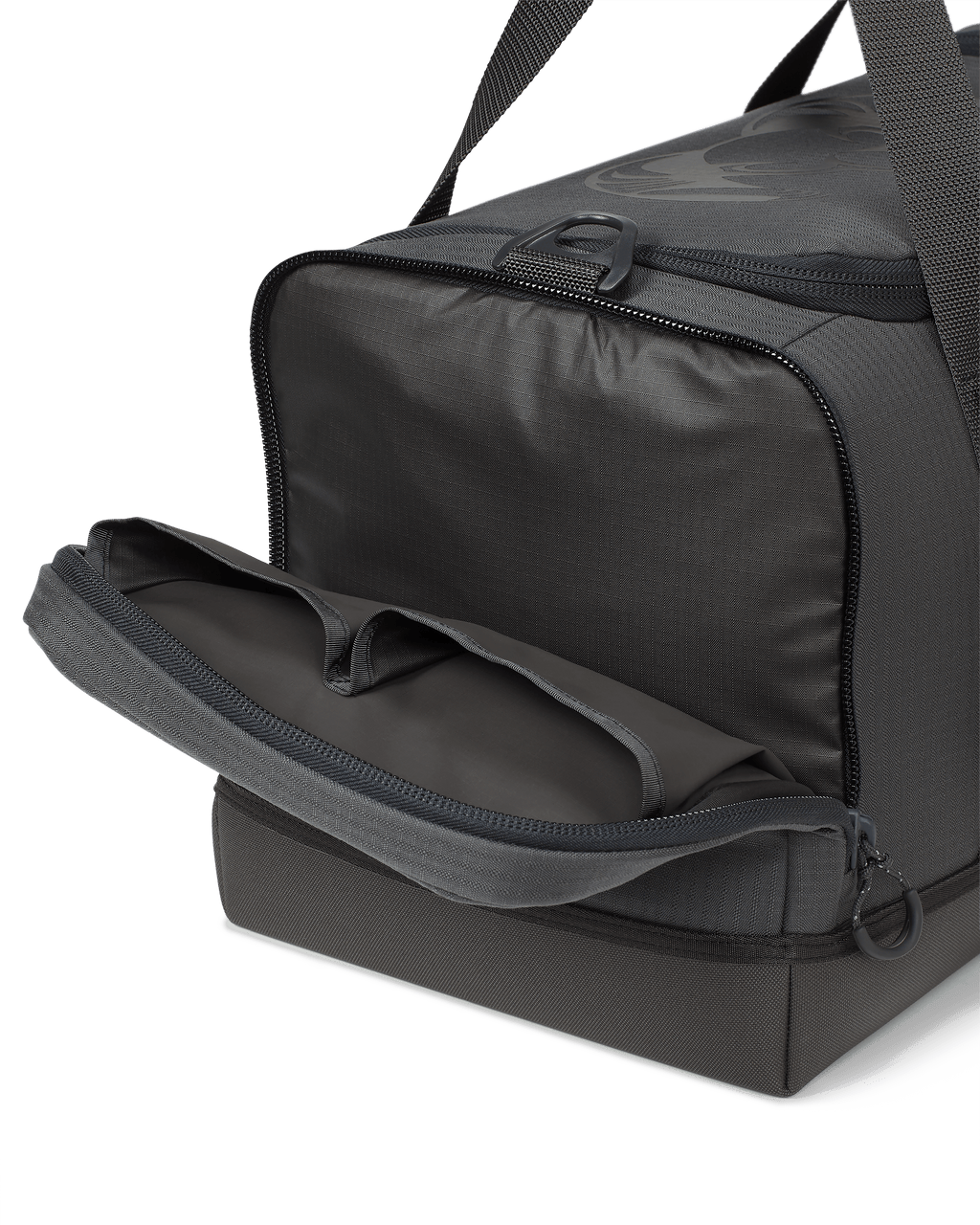 Distance Duffel with left side pocket zipped open showing two additional organization areas in Gunmetal