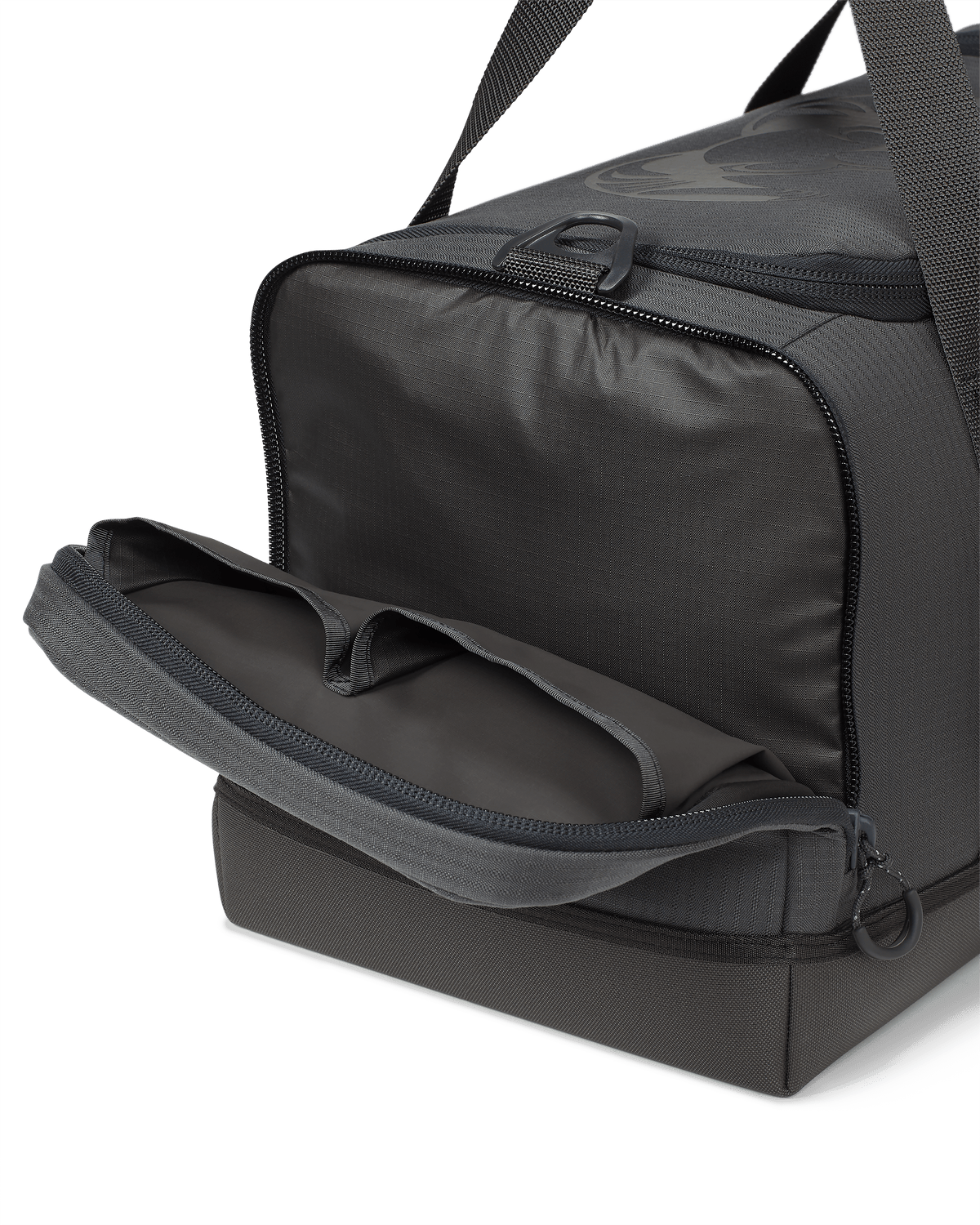 Distance Duffel with left side pocket zipped open showing two additional organization areas in Gunmetal