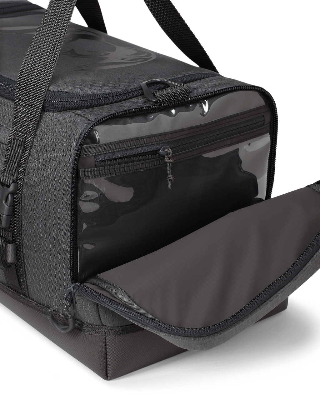 Distance Duffel with right side pocket zipped open showing zippered organization area In Gunmetal