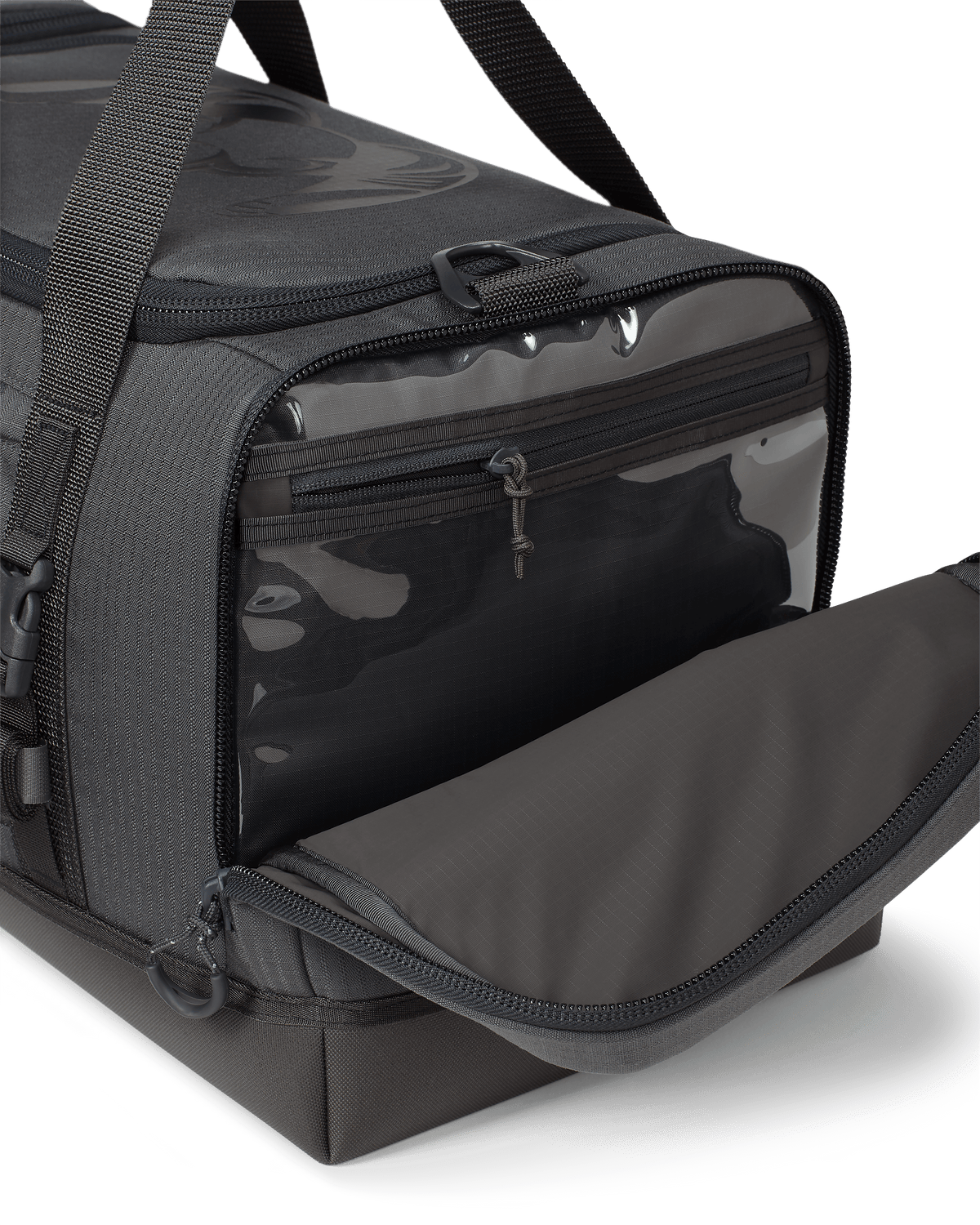 Distance Duffel with right side pocket zipped open showing zippered organization area In Gunmetal