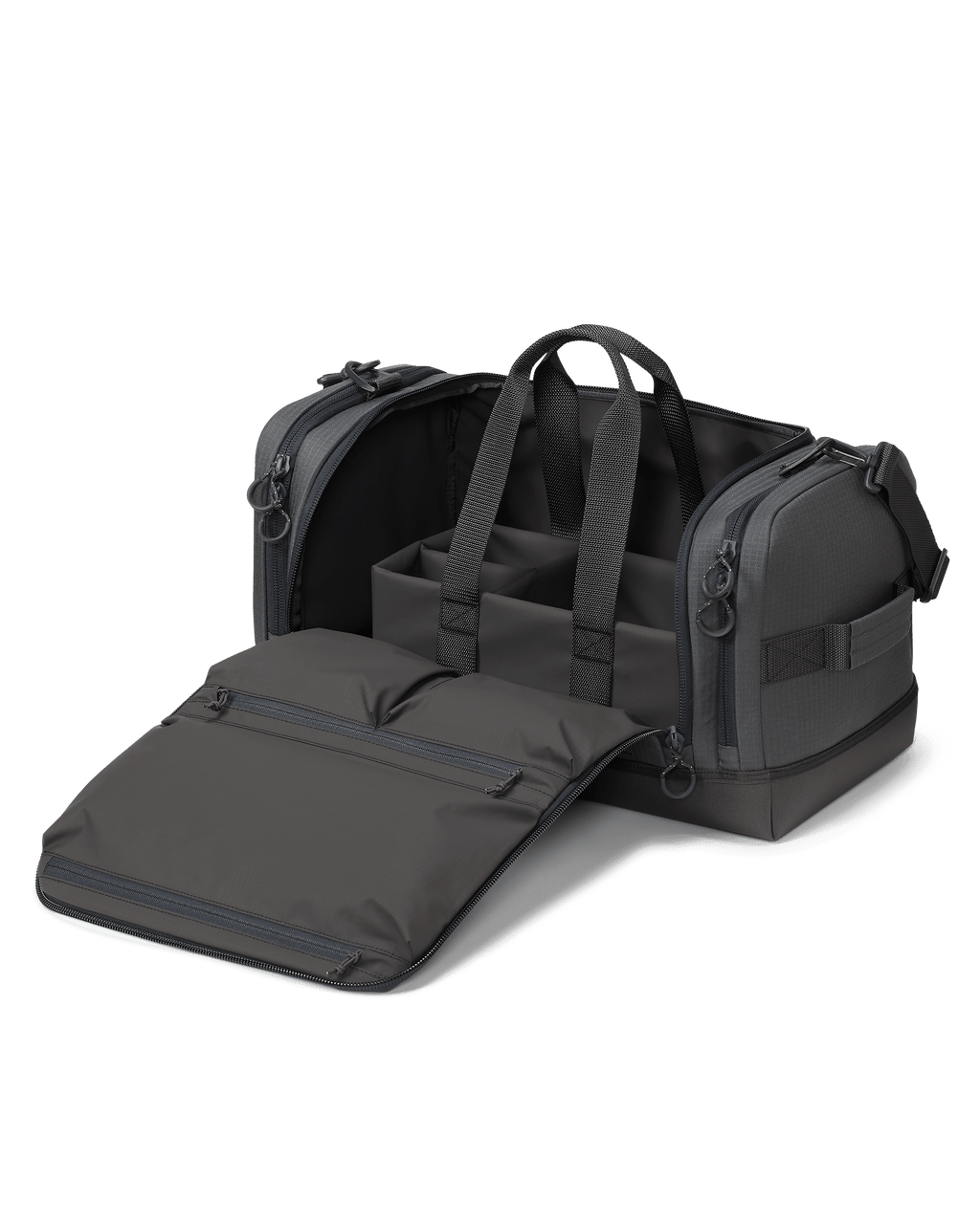 Distance Duffel Fully unzipped showing the removeable organizational compartment in Gunmetal