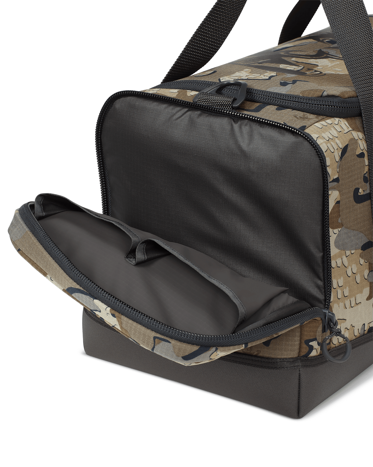 Distance Duffel with left side pocket zipped open showing two additional organization areas in Valo Camouflage