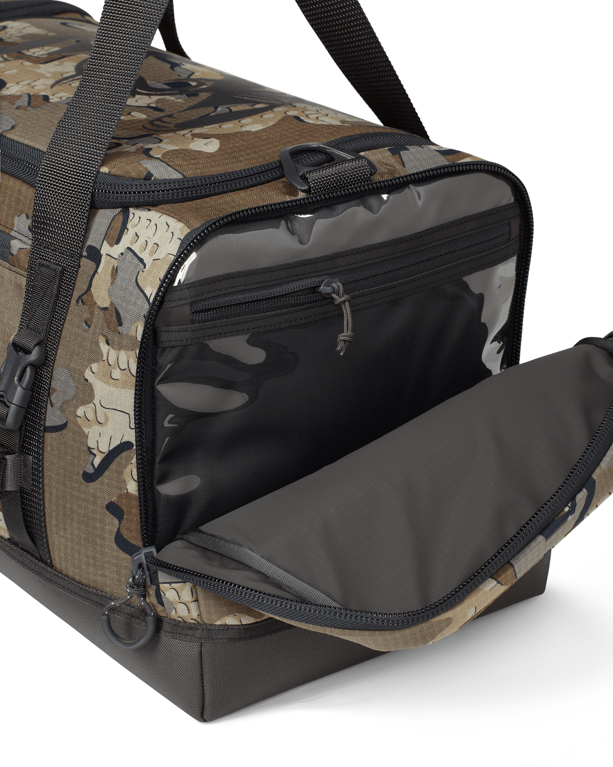 Distance Duffel with right side pocket zipped open showing zippered organization area in Valo Camouflage