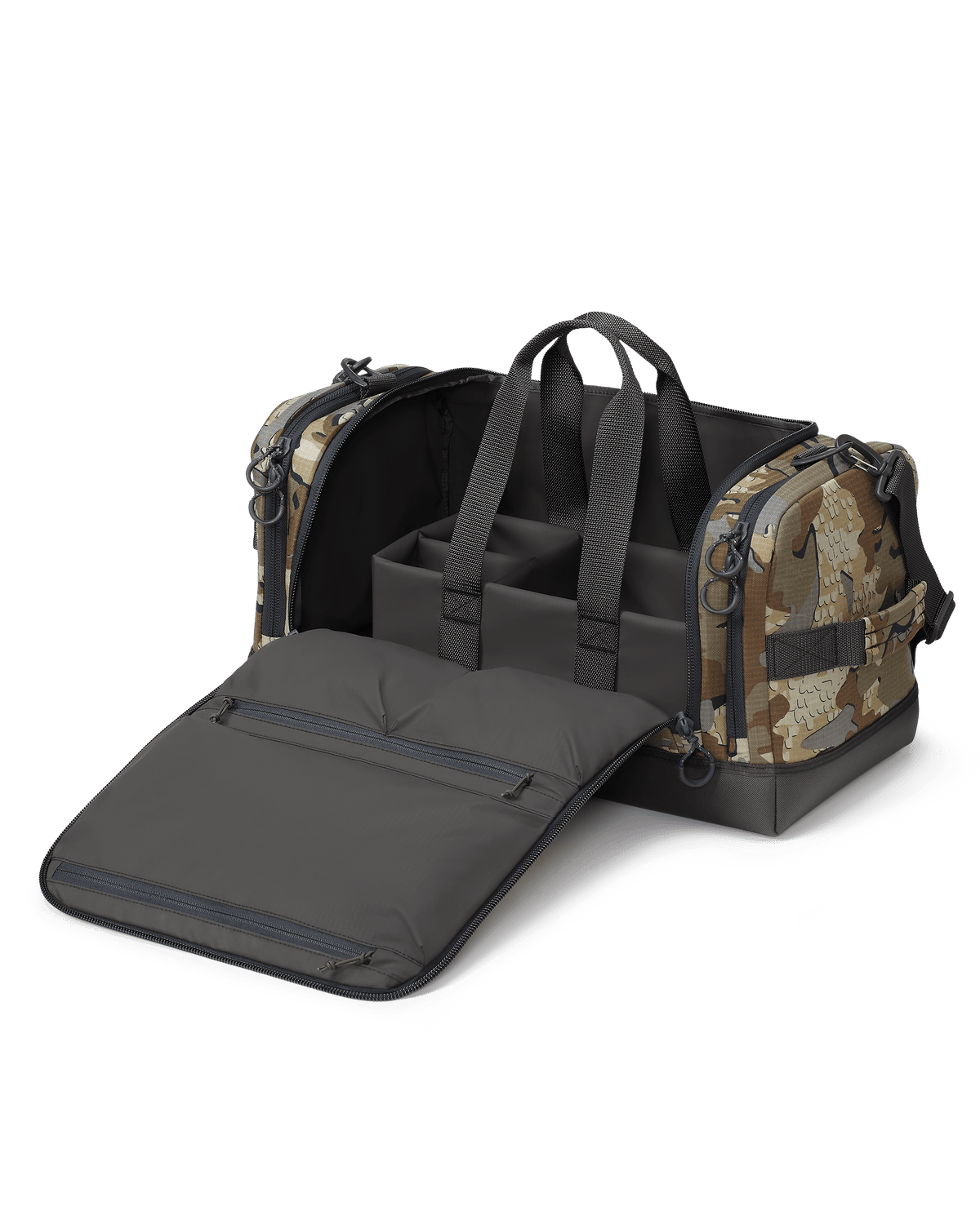 Distance Duffel Fully unzipped showing the removeable organizational compartment in Valo Camouflage