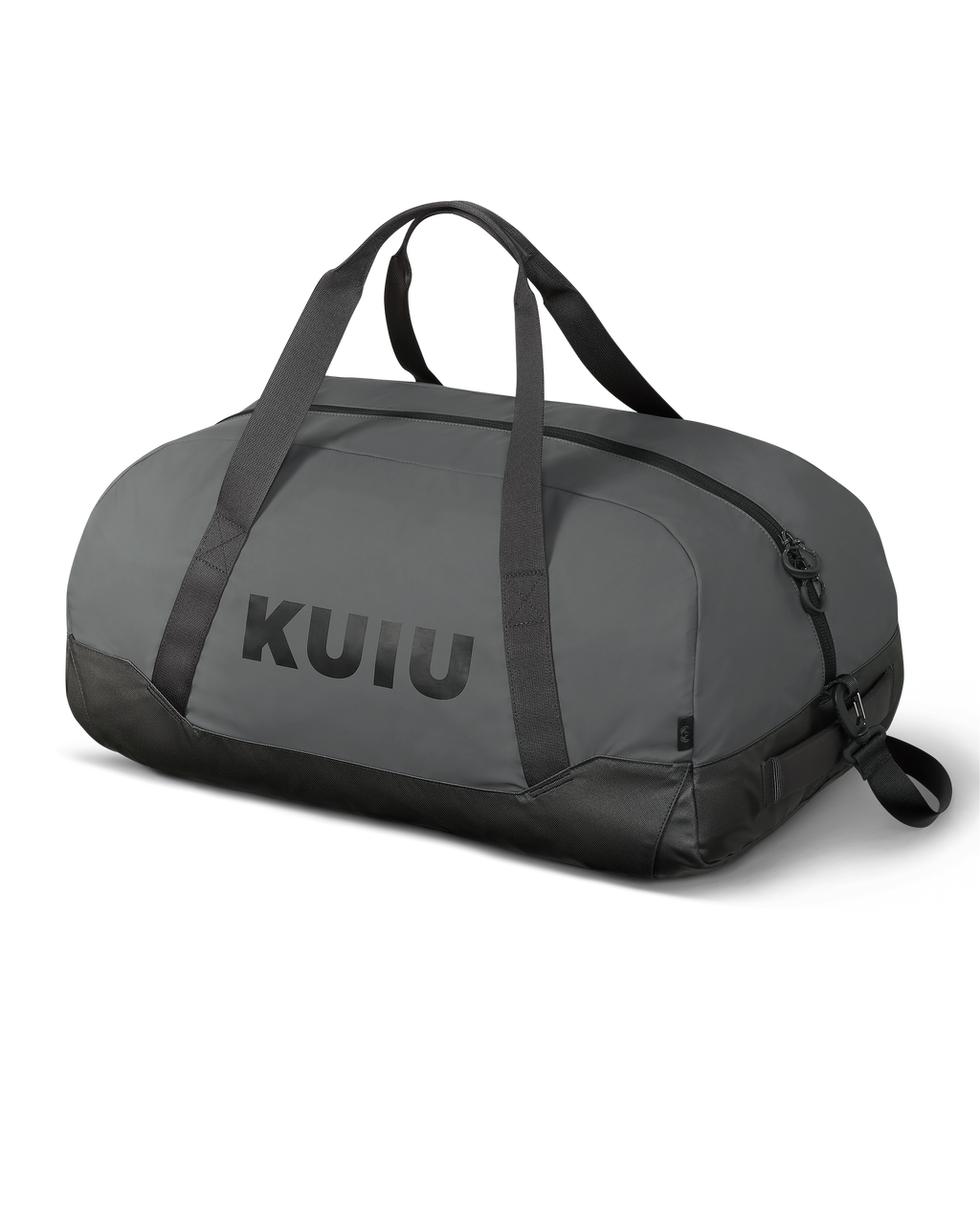 Front, Angled View of Runway CORDURA® 3000 Duffel in Asphalt Grey with KUIU Ram Logo and Shoulder Strap Shown 