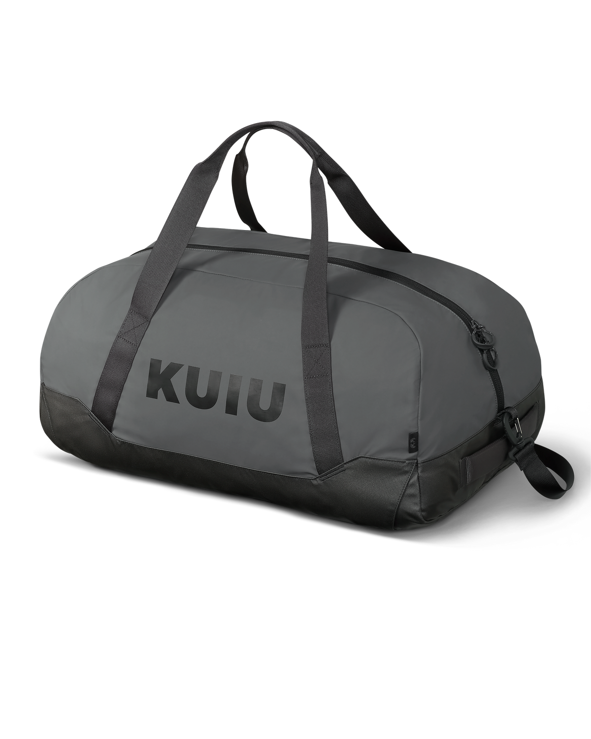 Front, Angled View of Runway CORDURA® 3000 Duffel in Asphalt Grey with KUIU Ram Logo and Shoulder Strap Shown 