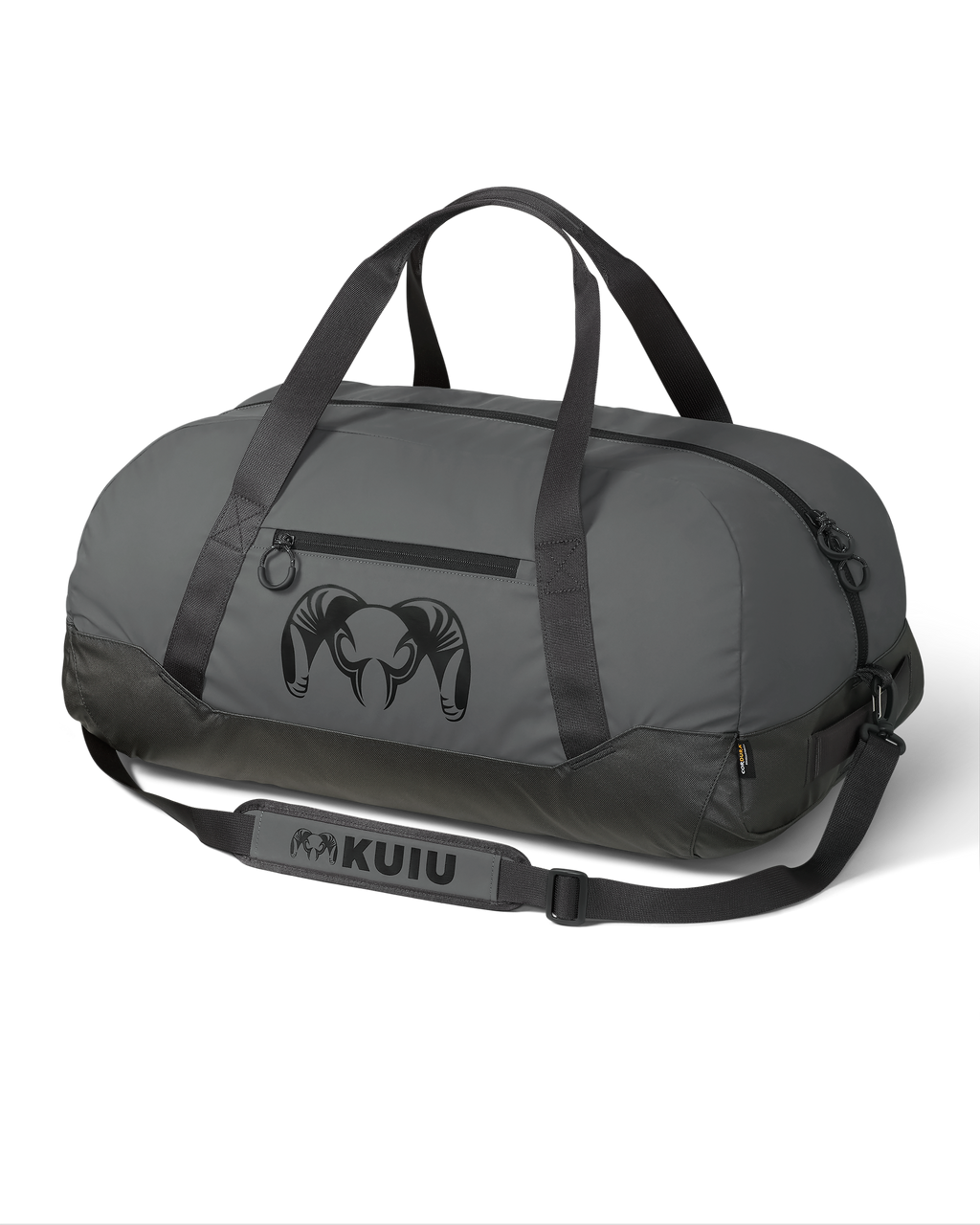 Front, Angled View, Opposite Side of Runway CORDURA® 3000 Duffel in Asphalt Grey with KUIU Ram Logo and Shoulder Strap Shown 