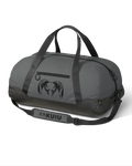 Front, Angled View, Opposite Side of Runway CORDURA® 3000 Duffel in Asphalt Grey with KUIU Ram Logo and Shoulder Strap Shown 