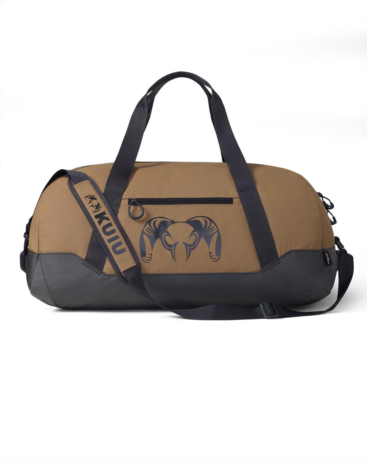 Front of Runway CORDURA® 3000 Duffel in Coyote Brown with KUIU Ram Logo and Shoulder Strap Shown
