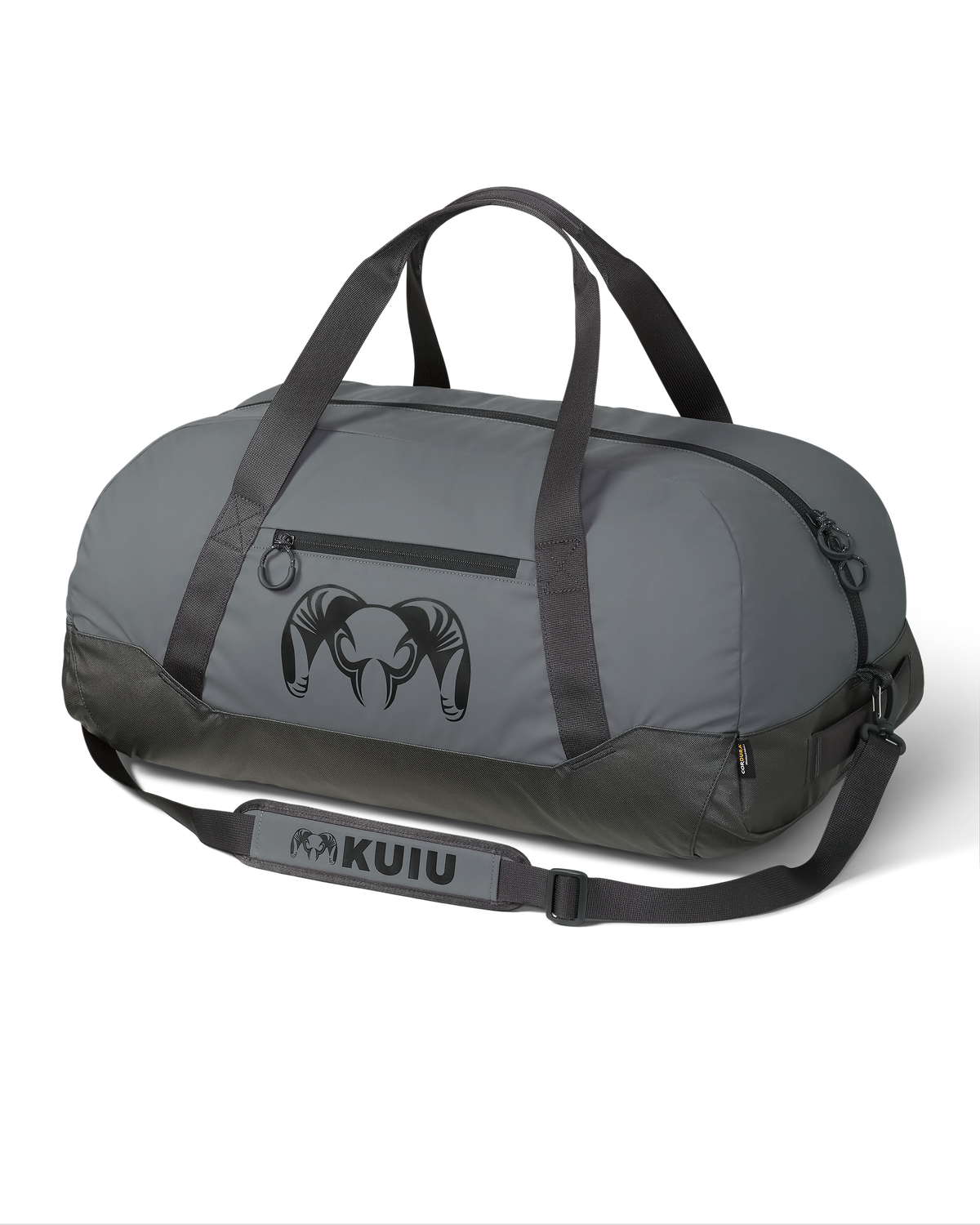 Front, Angled View, Opposite Side of Runway CORDURA® 3000 Duffel in Stone Grey with KUIU Ram Logo and Shoulder Strap Shown 
