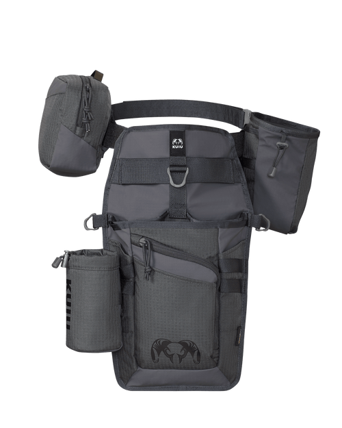 Side of Archery Hip Quiver in Gunmetal Grey Color with Release Pouch and Water Bottle Holder