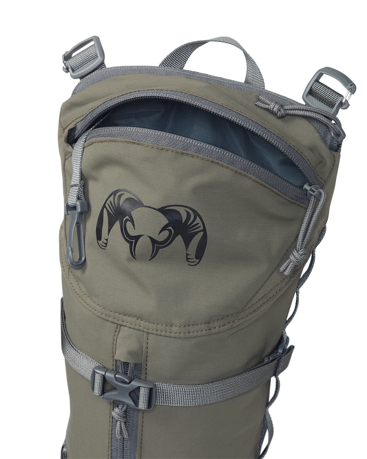 Front of PRO G3 Hydration Rid in Ash Brown, Highlighting top zippered accessory compartment