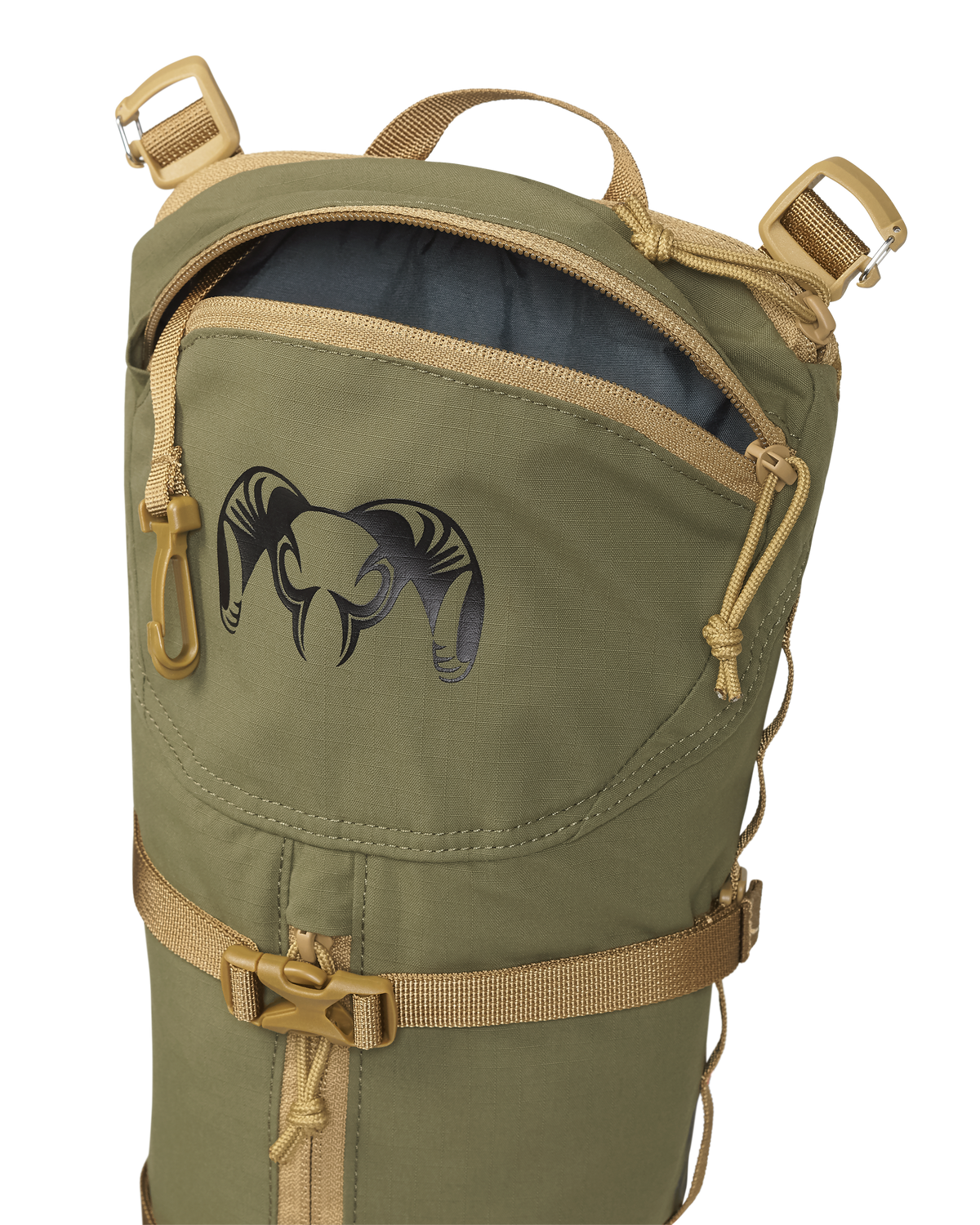Front of PRO G3 Hydration Rid in Evergreen Color, Highlighting top zippered accessory compartment
