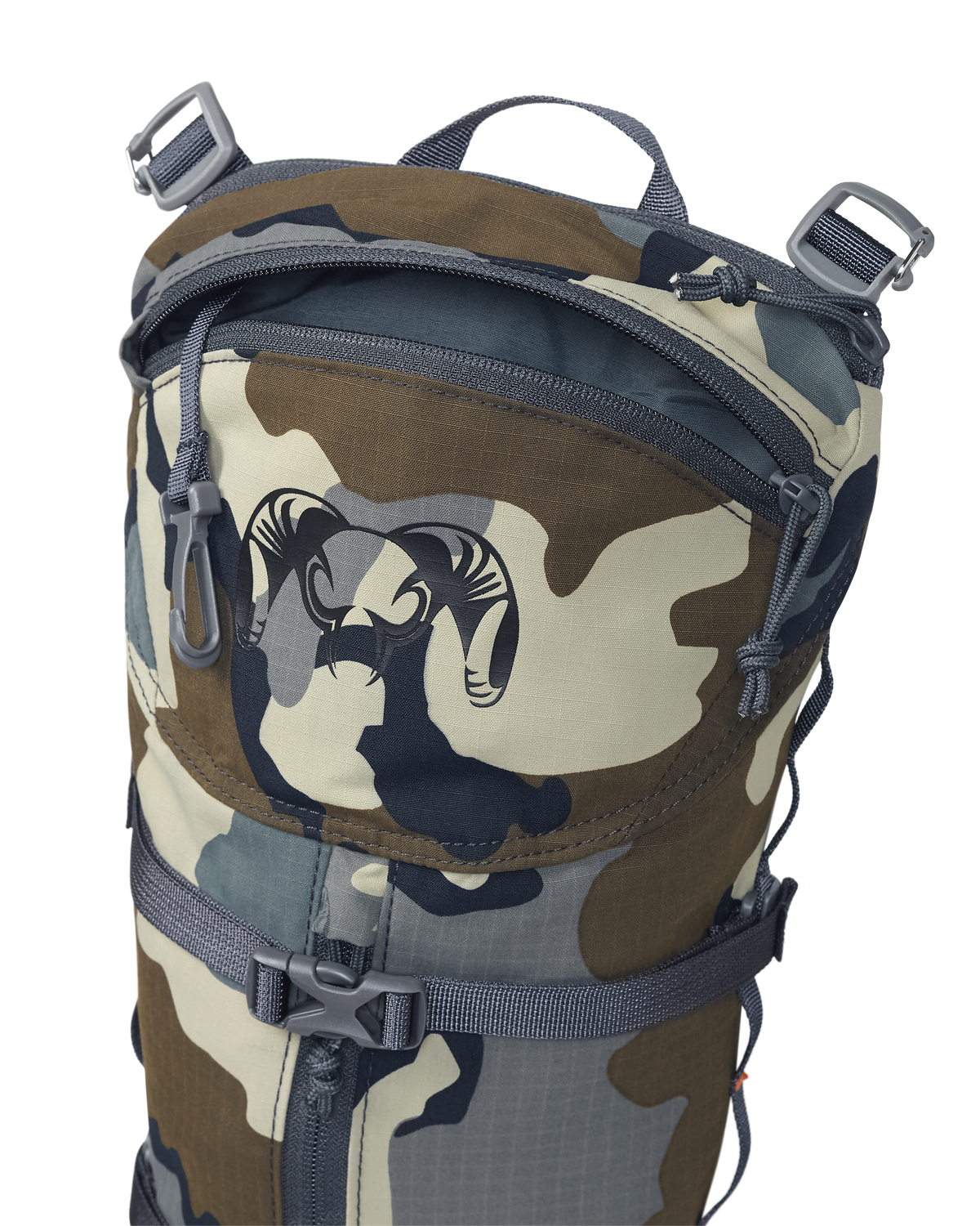 Front of PRO G3 Hydration Rid in Vias Camouflage, Highlighting top zippered accessory compartment