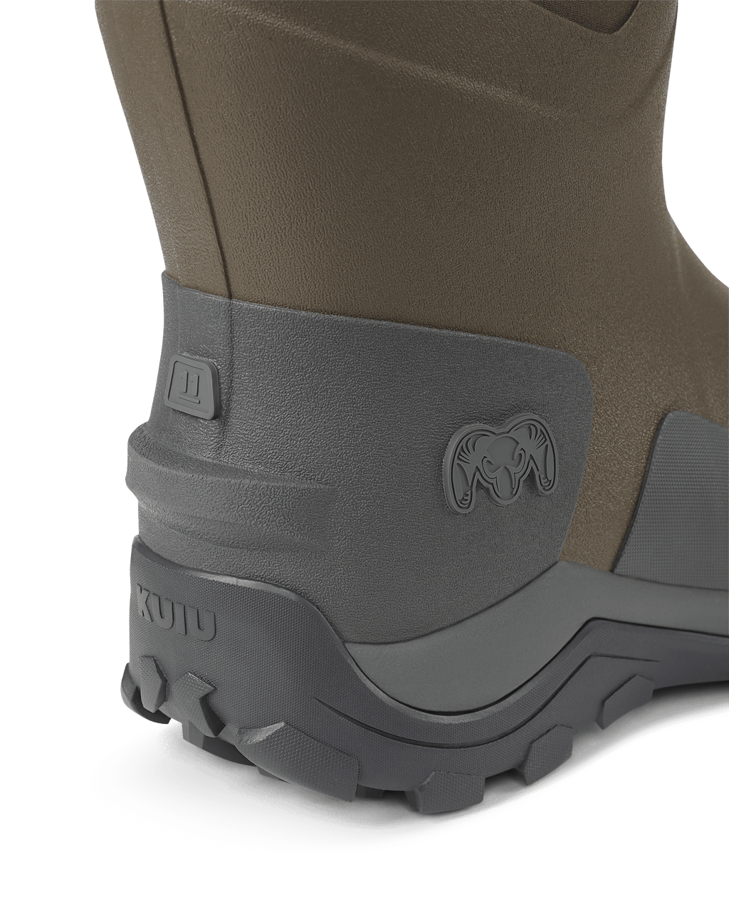 Back view of the kick-off heel tab on KUIU Mud Boot in Ash Brown