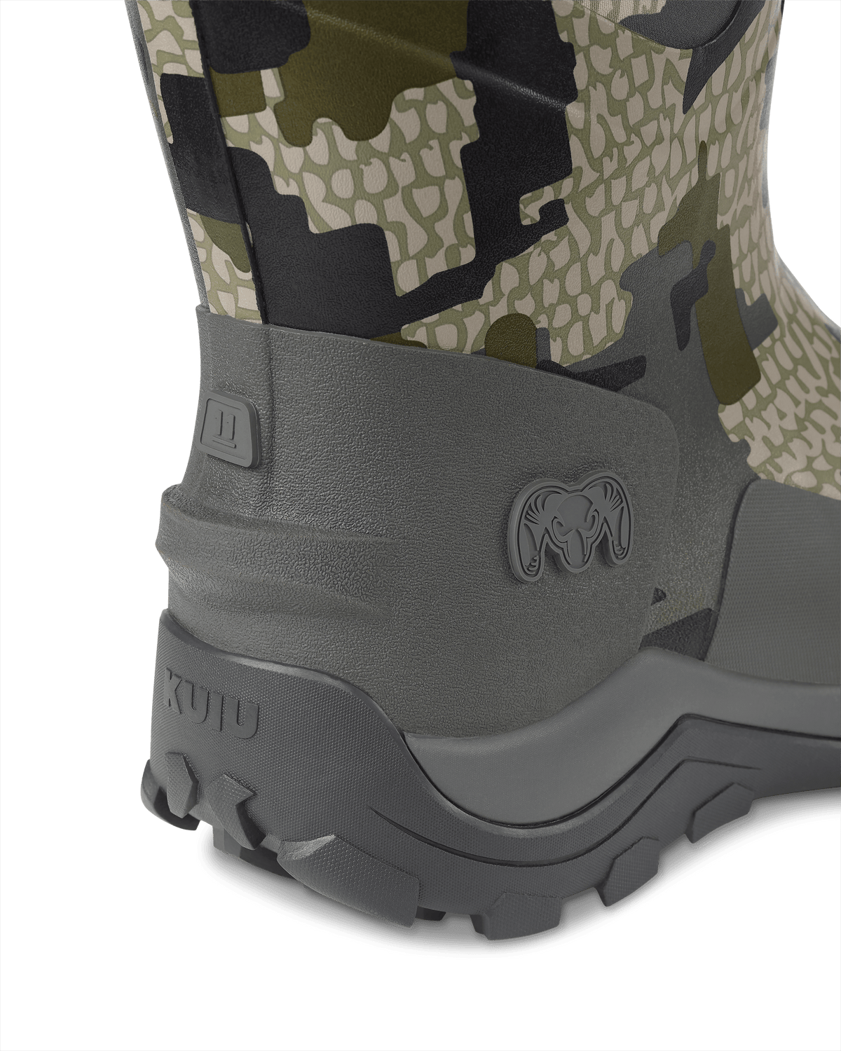 Back view of the kick-off heel tab on KUIU Mud Boot in Verde Camouflage