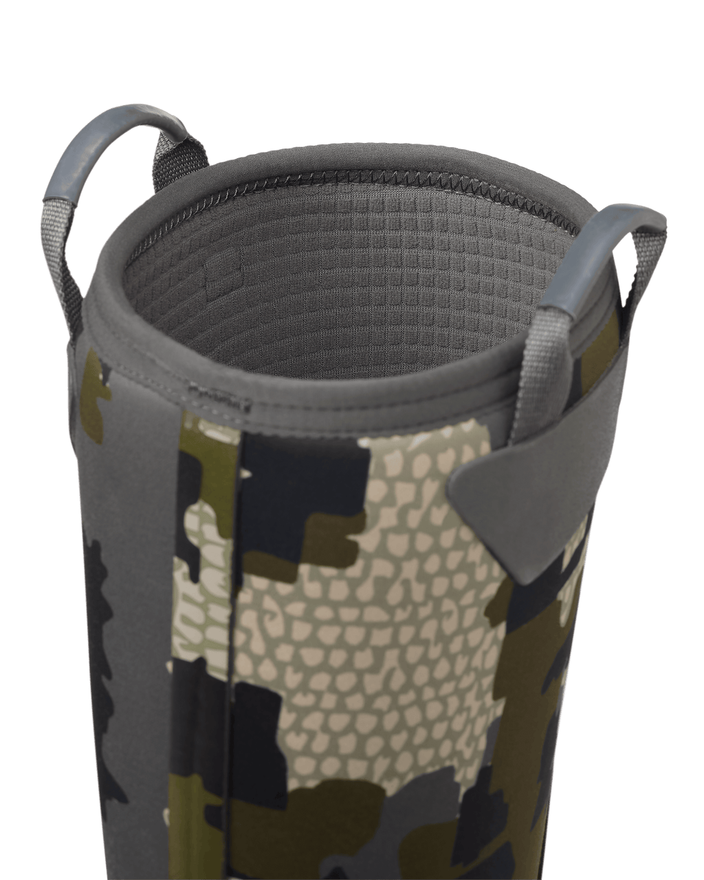 Close-up view of woven pull on loops on KUIU Mud Boot in Verde Camouflage