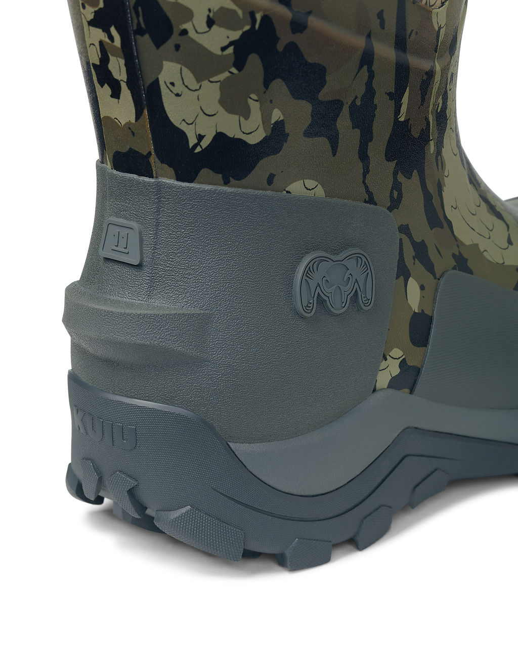 Back view of the kick-off heel tab on KUIU Mud Boot in Veros Camouflage