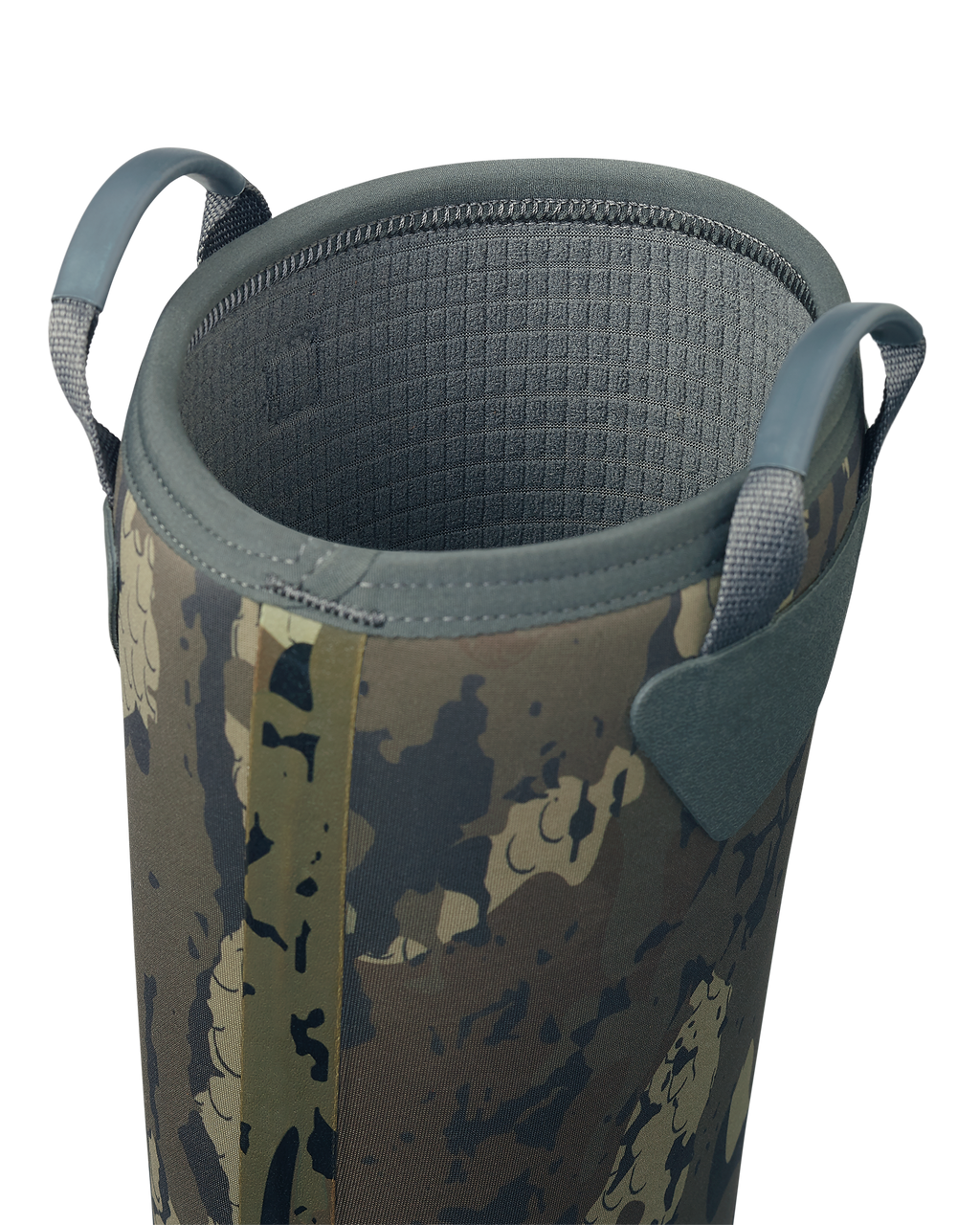 Close-up view of woven pull on loops on KUIU Mud Boot in Veros Camouflage