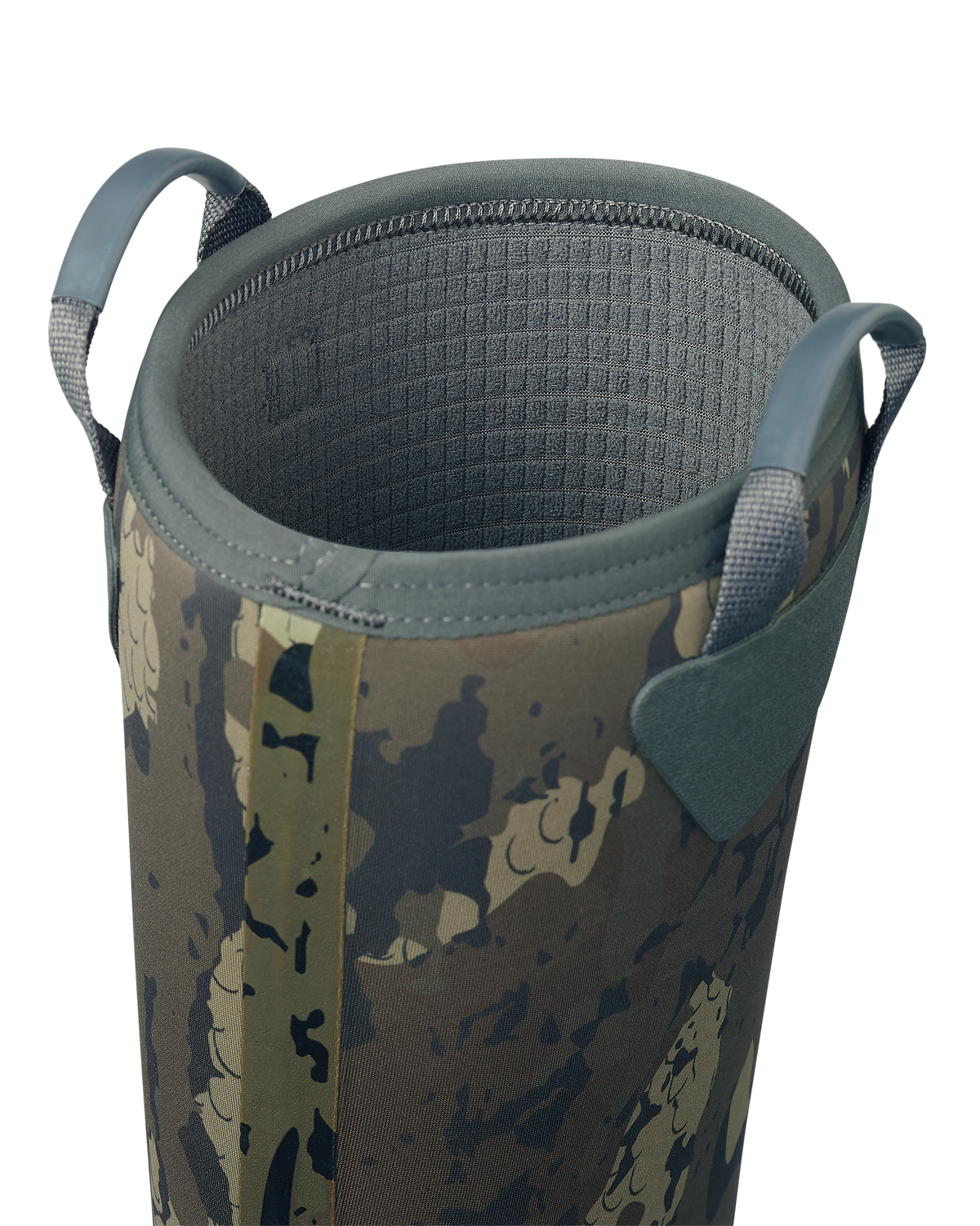 Close-up view of woven pull on loops on KUIU Mud Boot in Veros Camouflage