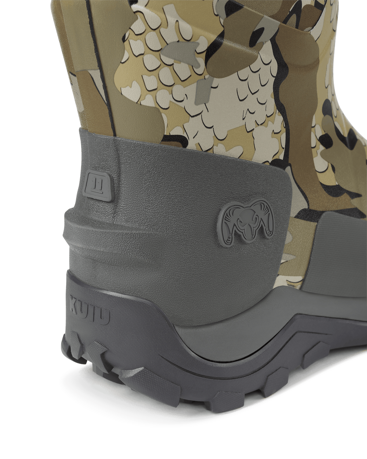 Back view of the kick-off heel tab on KUIU Mud Boot in Valo Camouflage