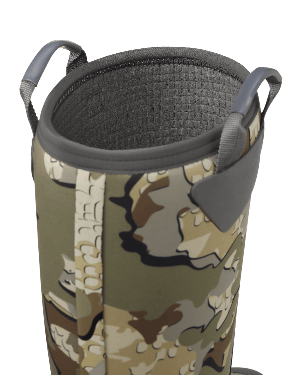 Close-up view of woven pull on loops on KUIU Mud Boot in Valo Camouflage
