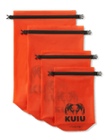 Picture of all four sizes of HD Roll Top Dry Bag in Blaze Orange laid out flat