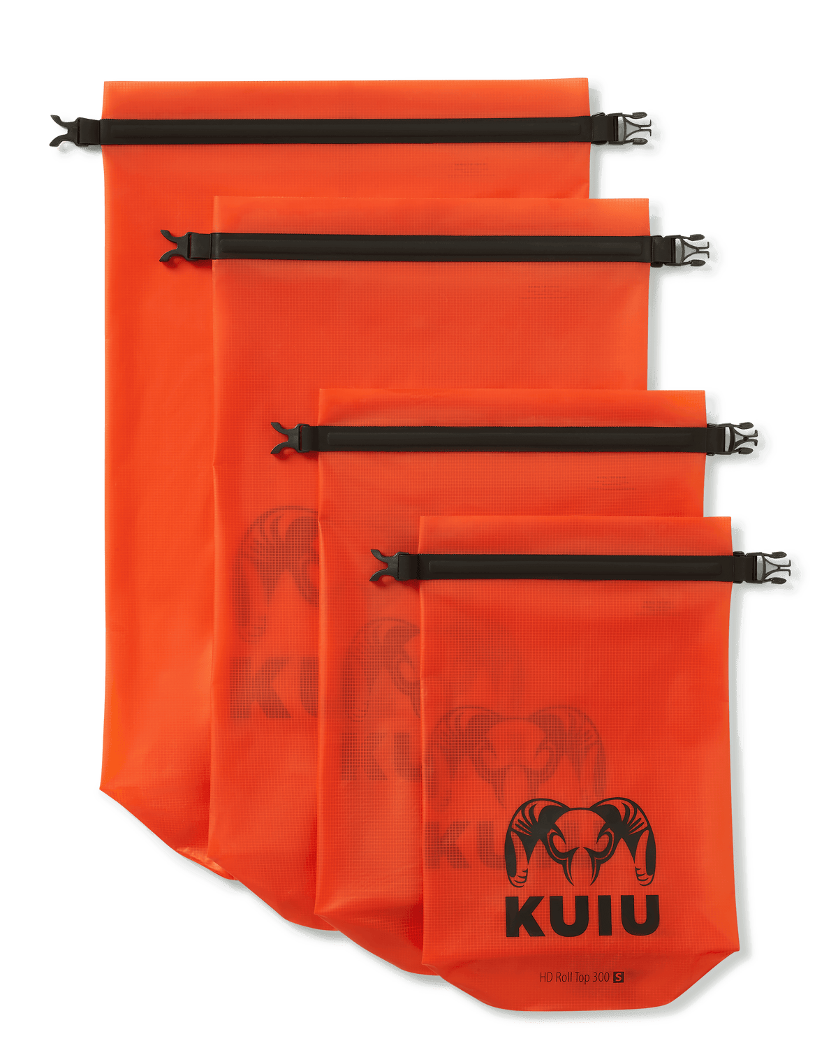 Picture of all four sizes of HD Roll Top Dry Bag in Blaze Orange laid out flat
