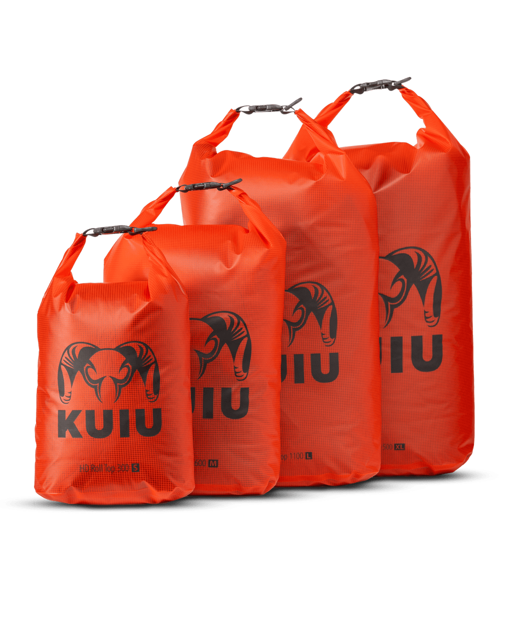Picture of all four sizes of HD Roll Top Dry Bag in Blaze Orange filled and rolled closed to show volume and capacity