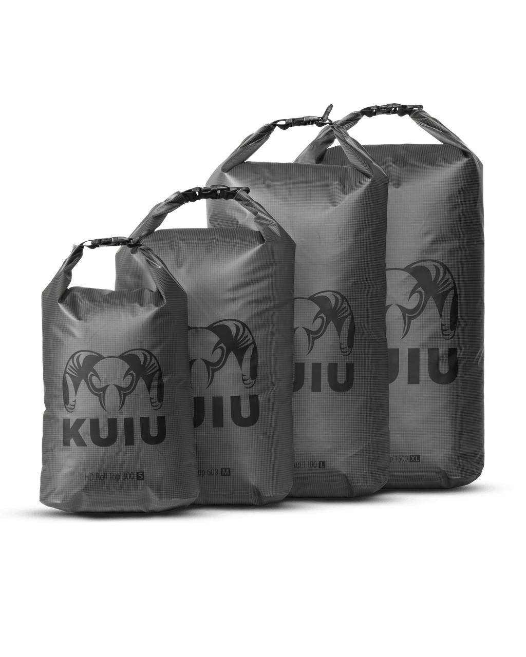 Picture of all four sizes of HD Roll Top Dry Bag in Stone Grey filled and rolled closed to show volume and capacity