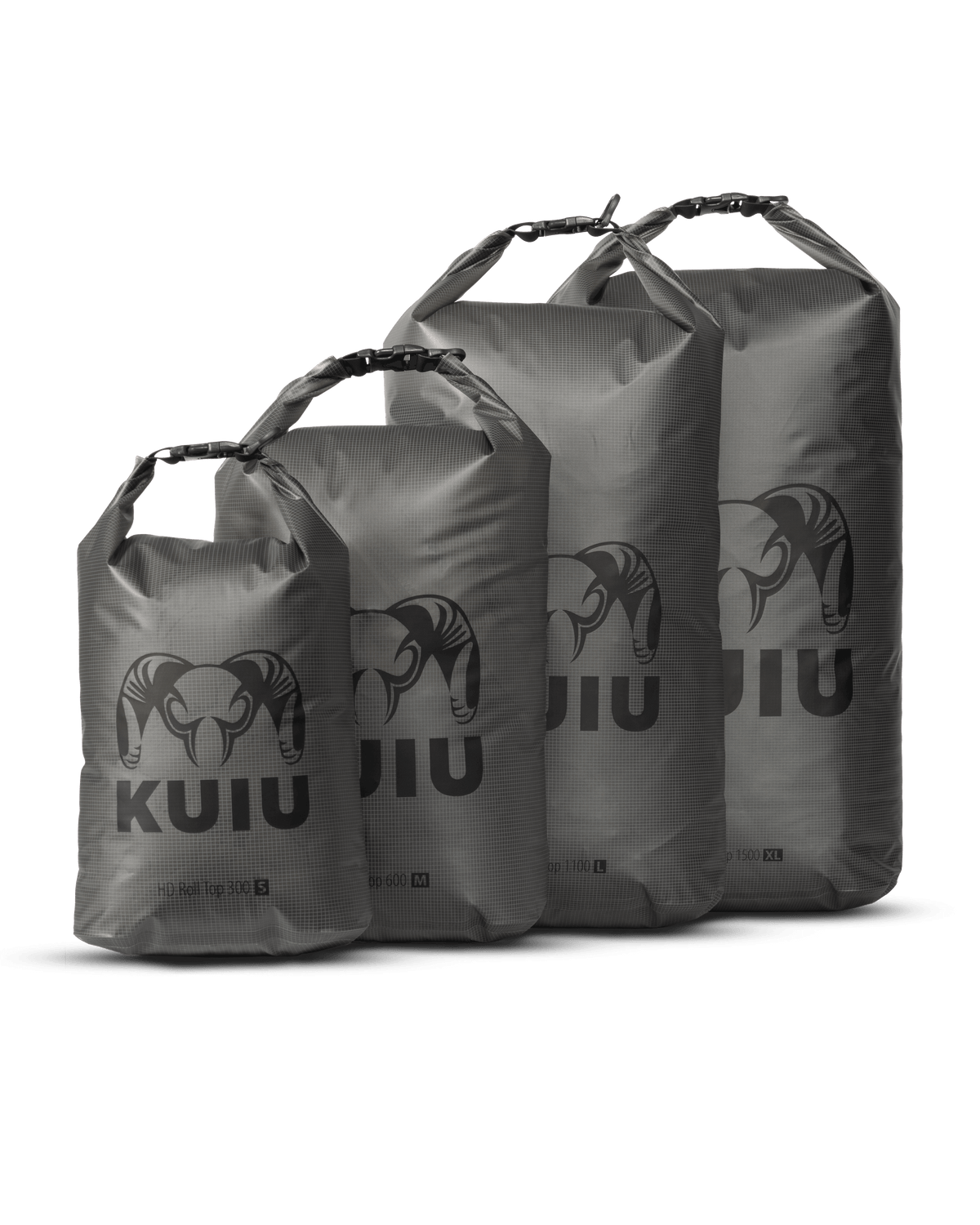 Picture of all four sizes of HD Roll Top Dry Bag in Stone Grey filled and rolled closed to show volume and capacity
