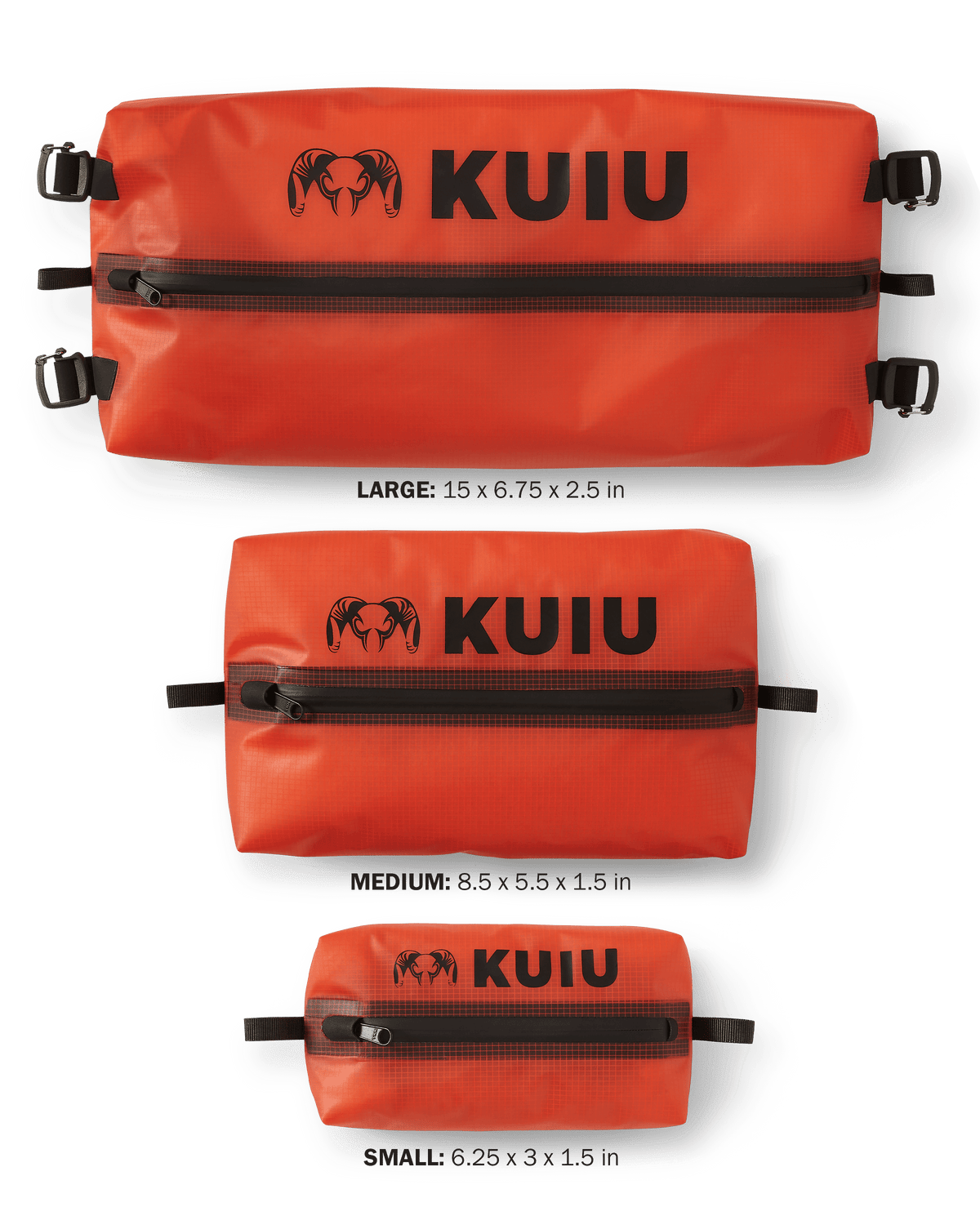 All three different size HD Zip Dry Bags in Blaze Orange, size Small: 6.25 x 3 x 1.5 inches, Medium: 8.5 x 5.5 x 1.5 inches, and Large: 15 x 6.75 x 2.5 inches