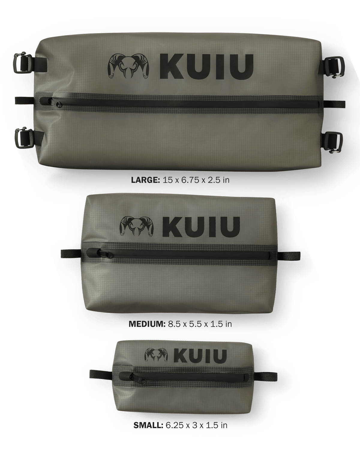 All three different size HD Zip Dry Bags in Stone Grey, size Small: 6.25 x 3 x 1.5 inches, Medium: 8.5 x 5.5 x 1.5 inches, and Large: 15 x 6.75 x 2.5 inches