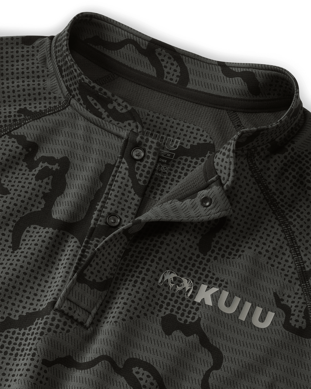 Front, Detailed View of Ridgepoint Fleece Henley in Black Tonal Pattern, Highlighting Snap Closure